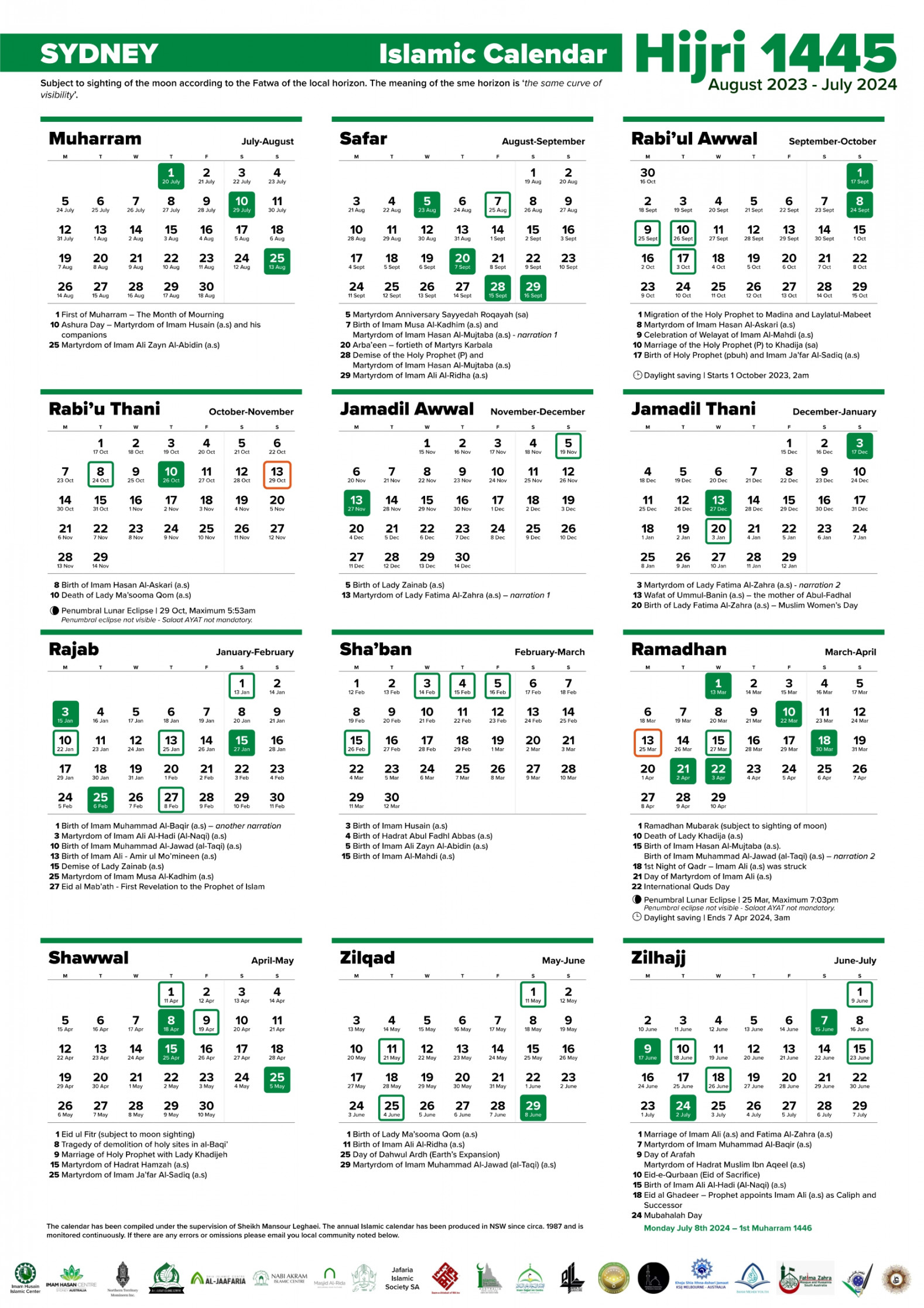 Annual Islamic Calendar AH / AD – Imam Husain