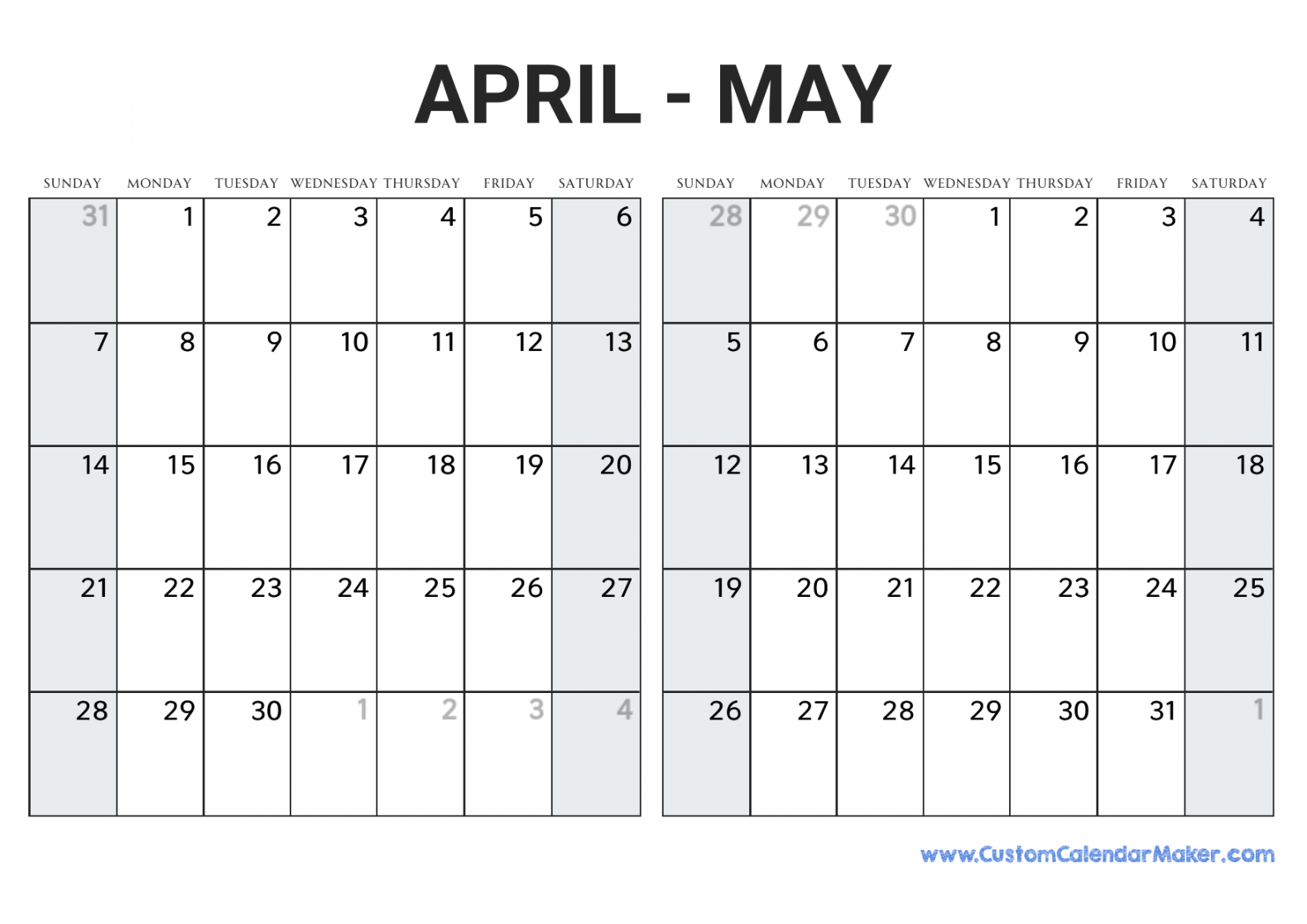 April and May Calendar
