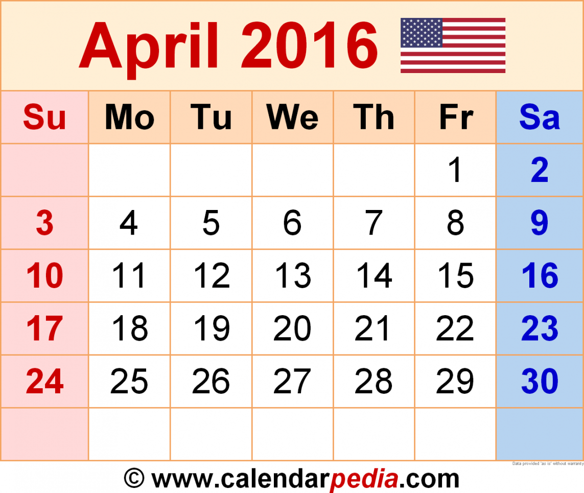 April Calendar Templates for Word, Excel and PDF