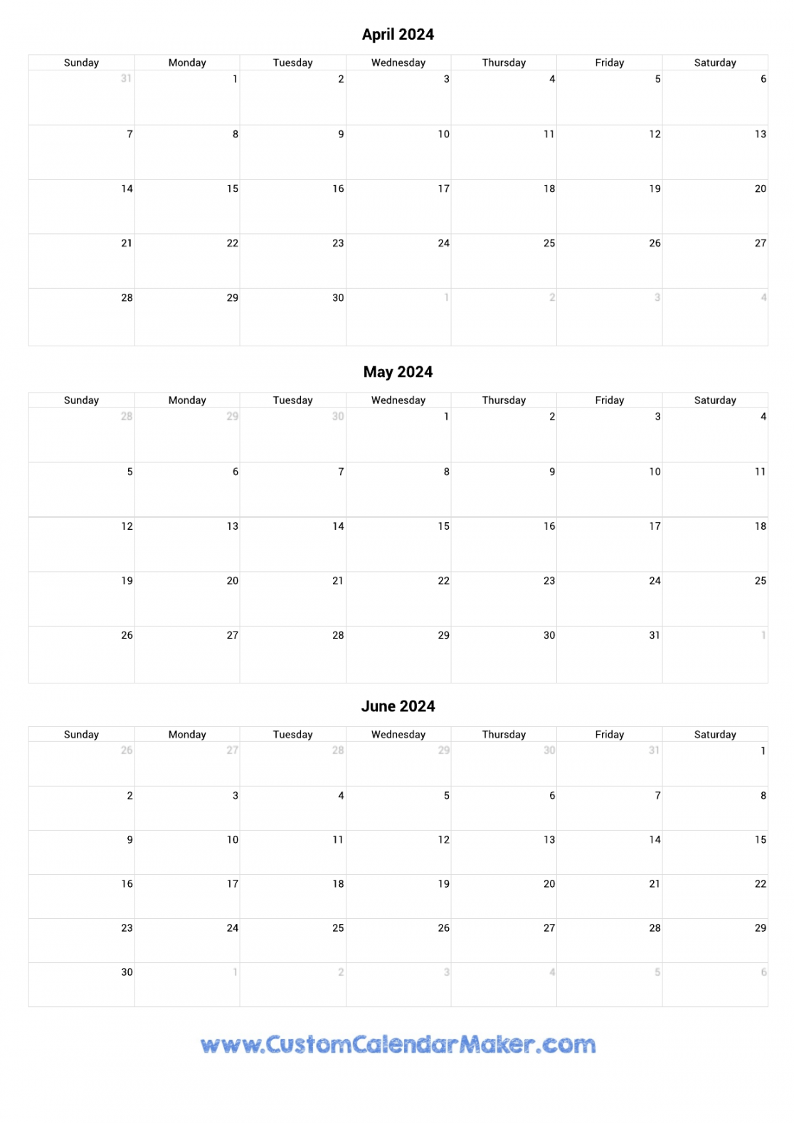 April to June Calendar Printable