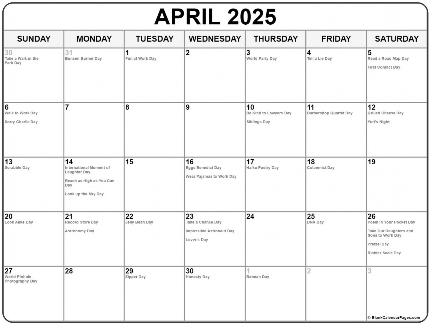 April with holidays calendar