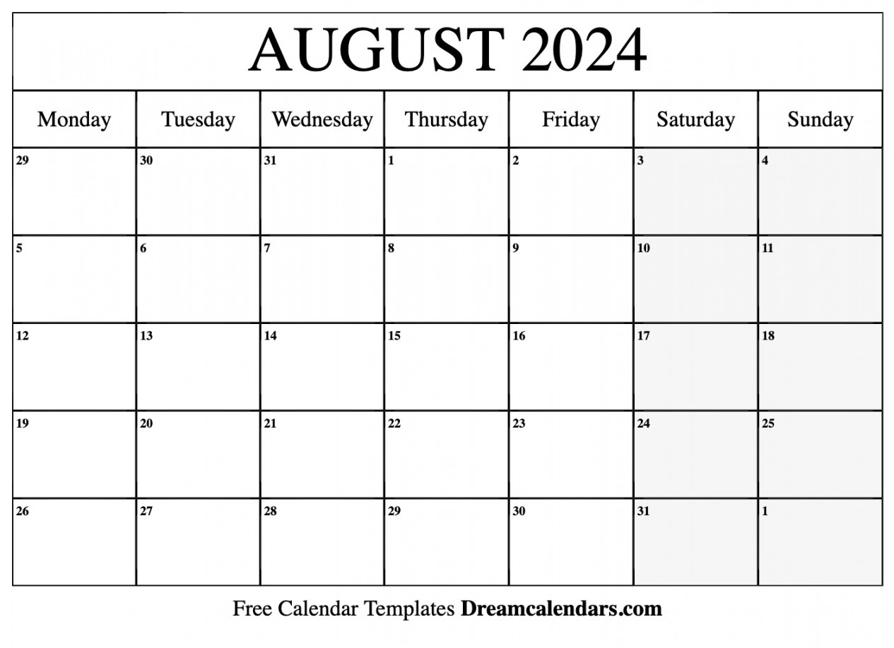August calendar Free blank printable with holidays