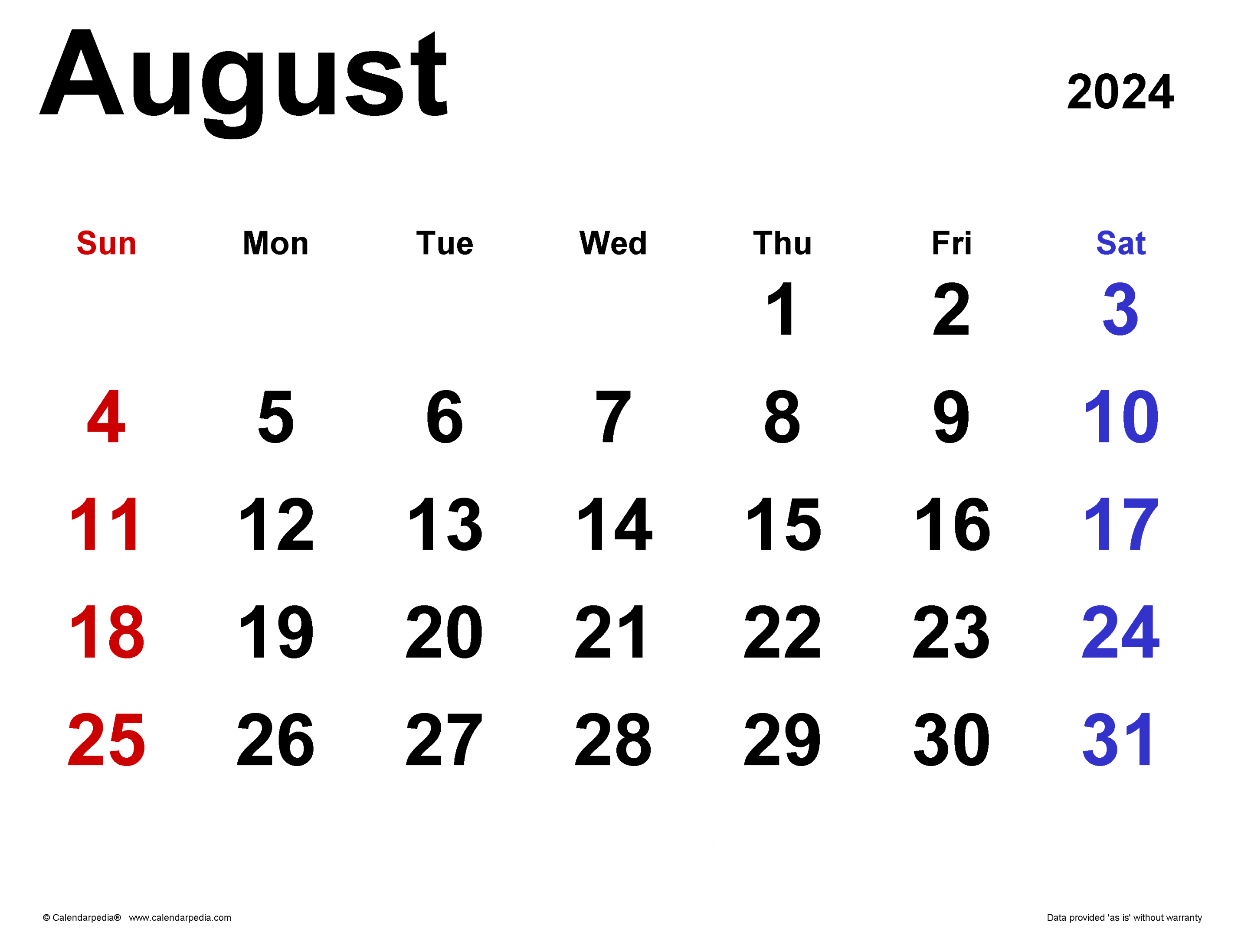 August Calendar Templates for Word, Excel and PDF