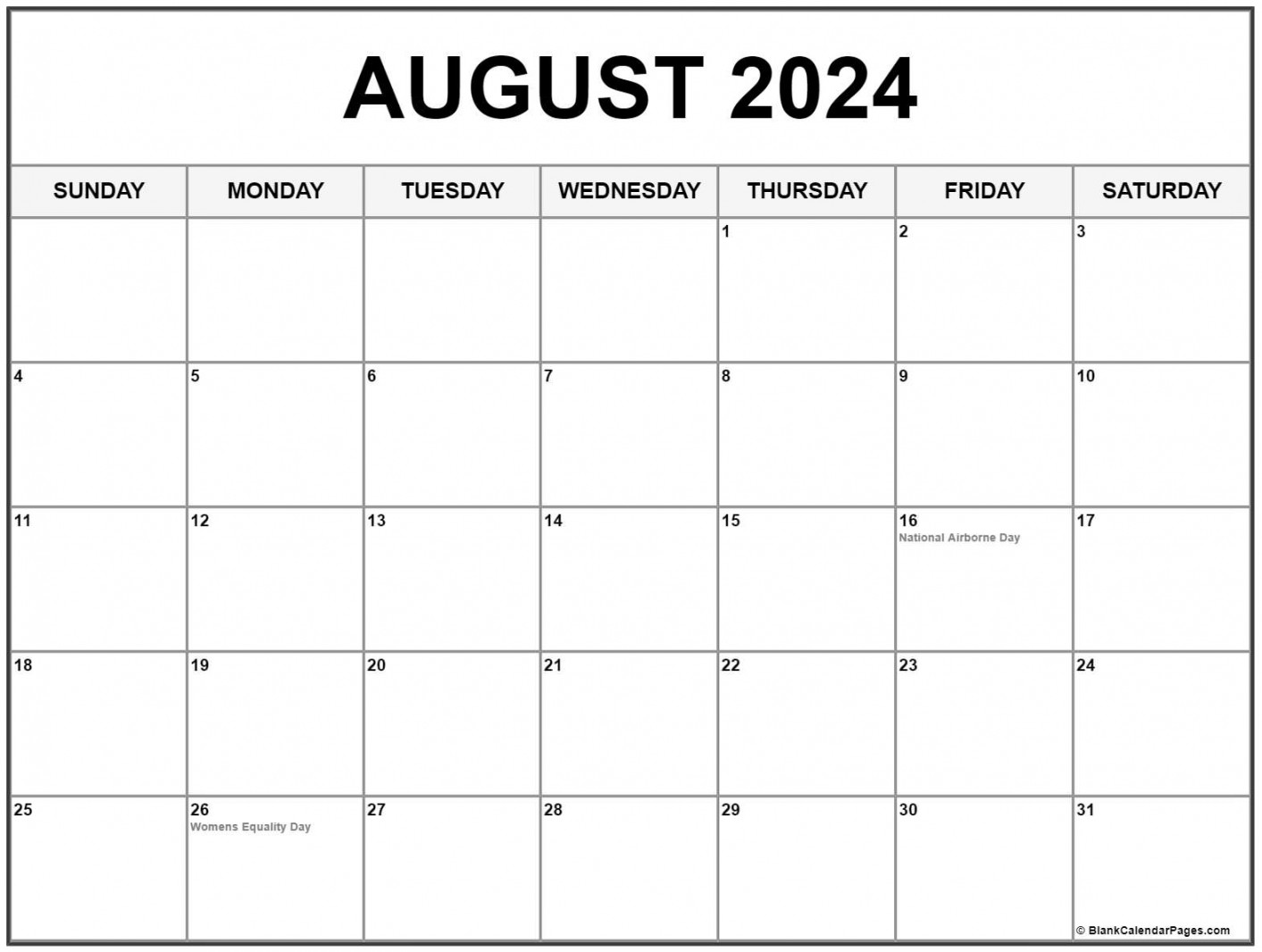 August with holidays calendar