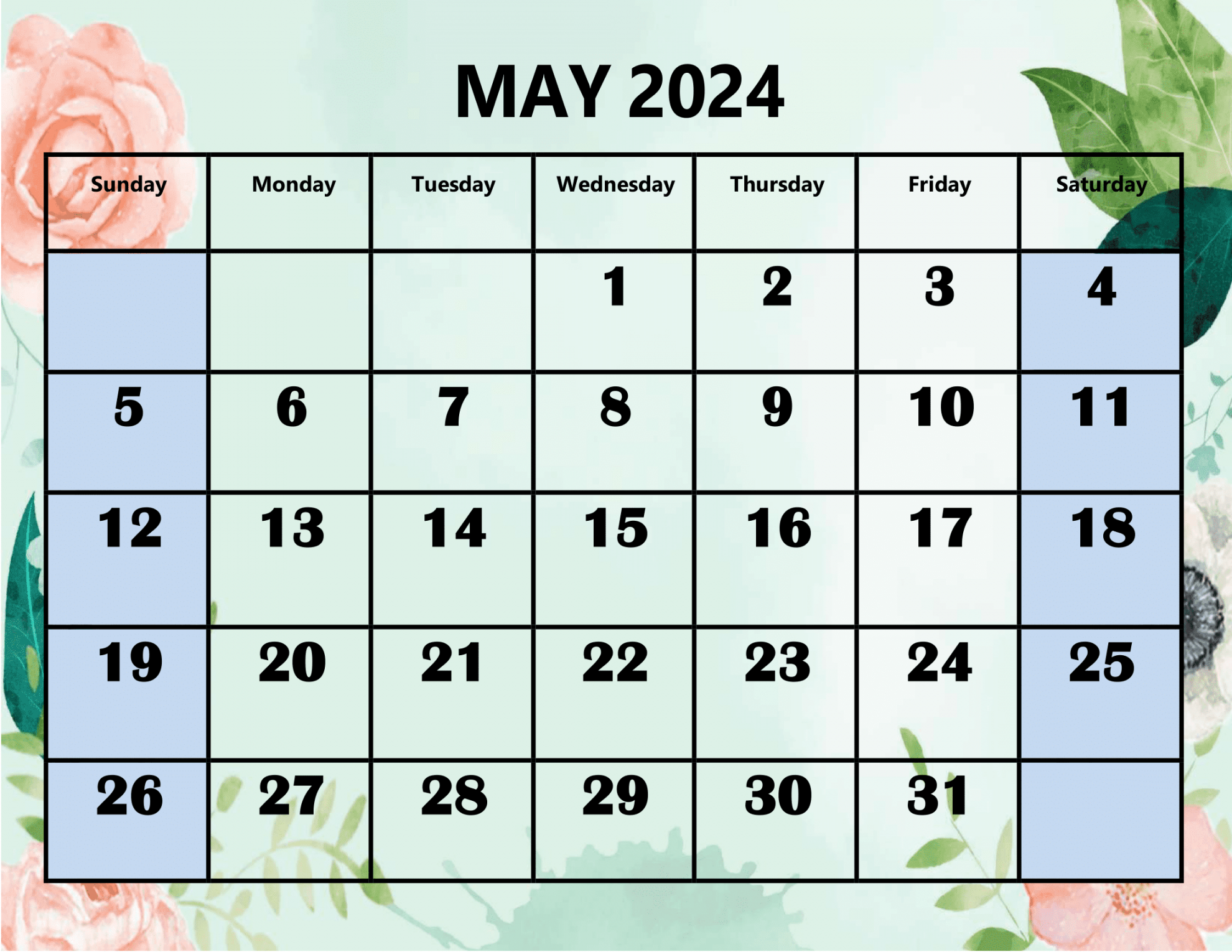 Blank May Calendar Printable PDF Templates with Holidays