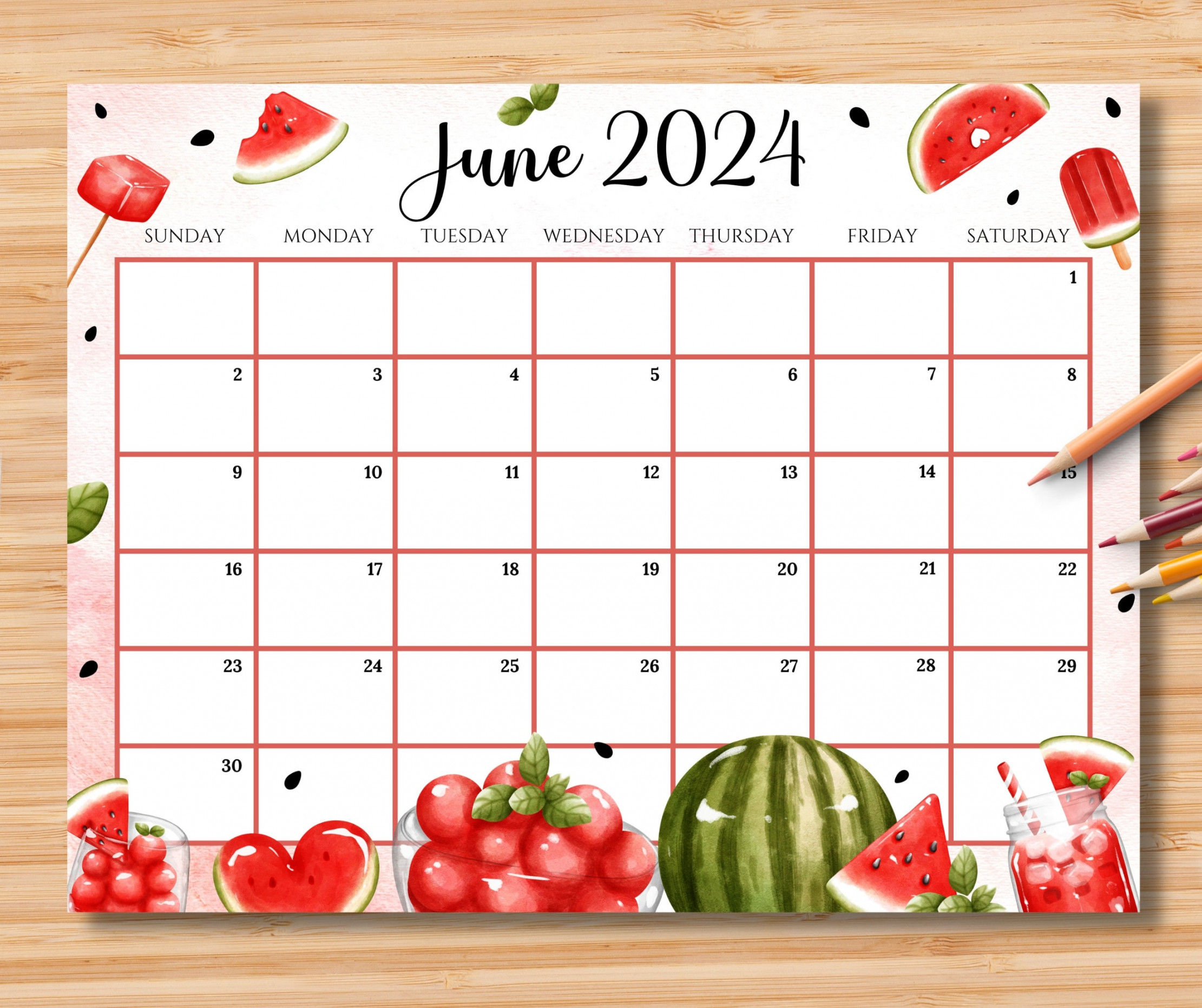 Buy EDITABLE June Calendar, Happy Summer W/sweet & Colorful