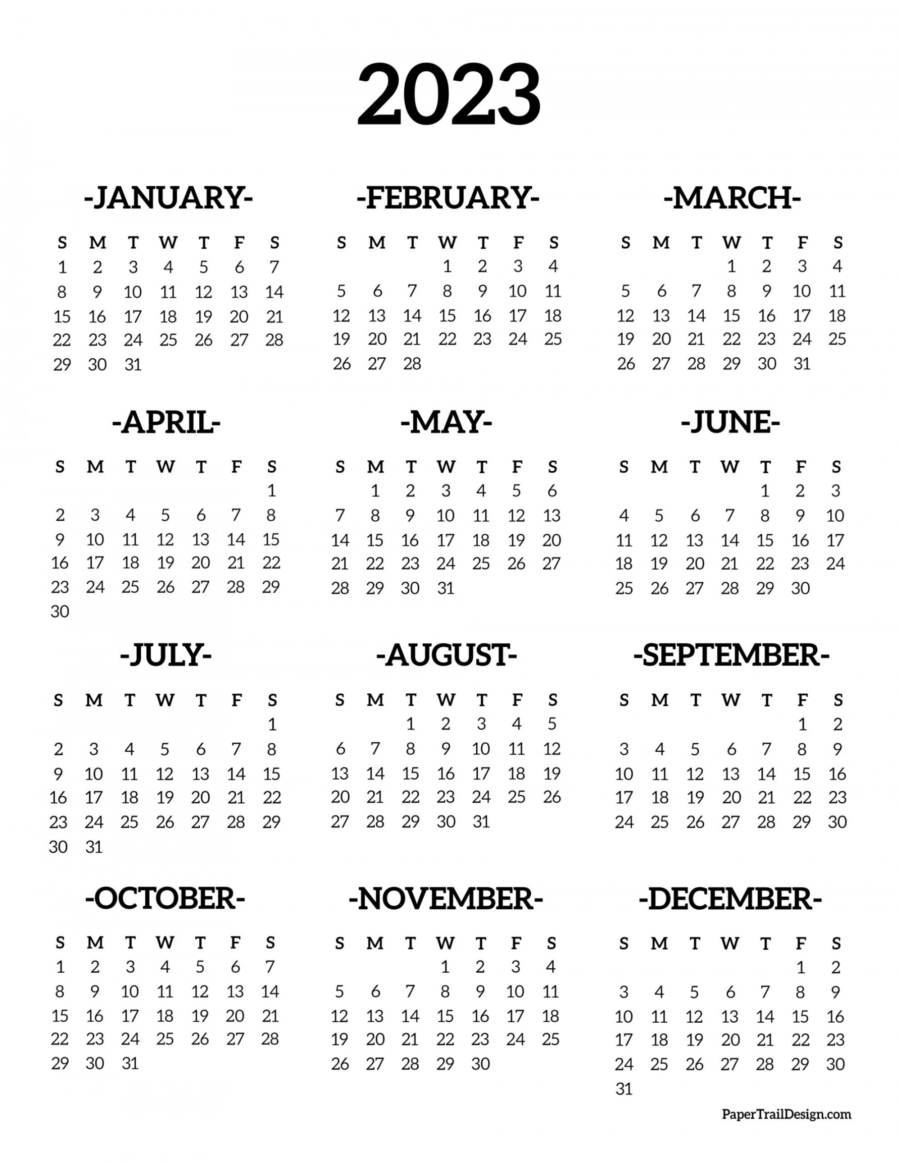 Calendar Printable One Page Paper Trail Design
