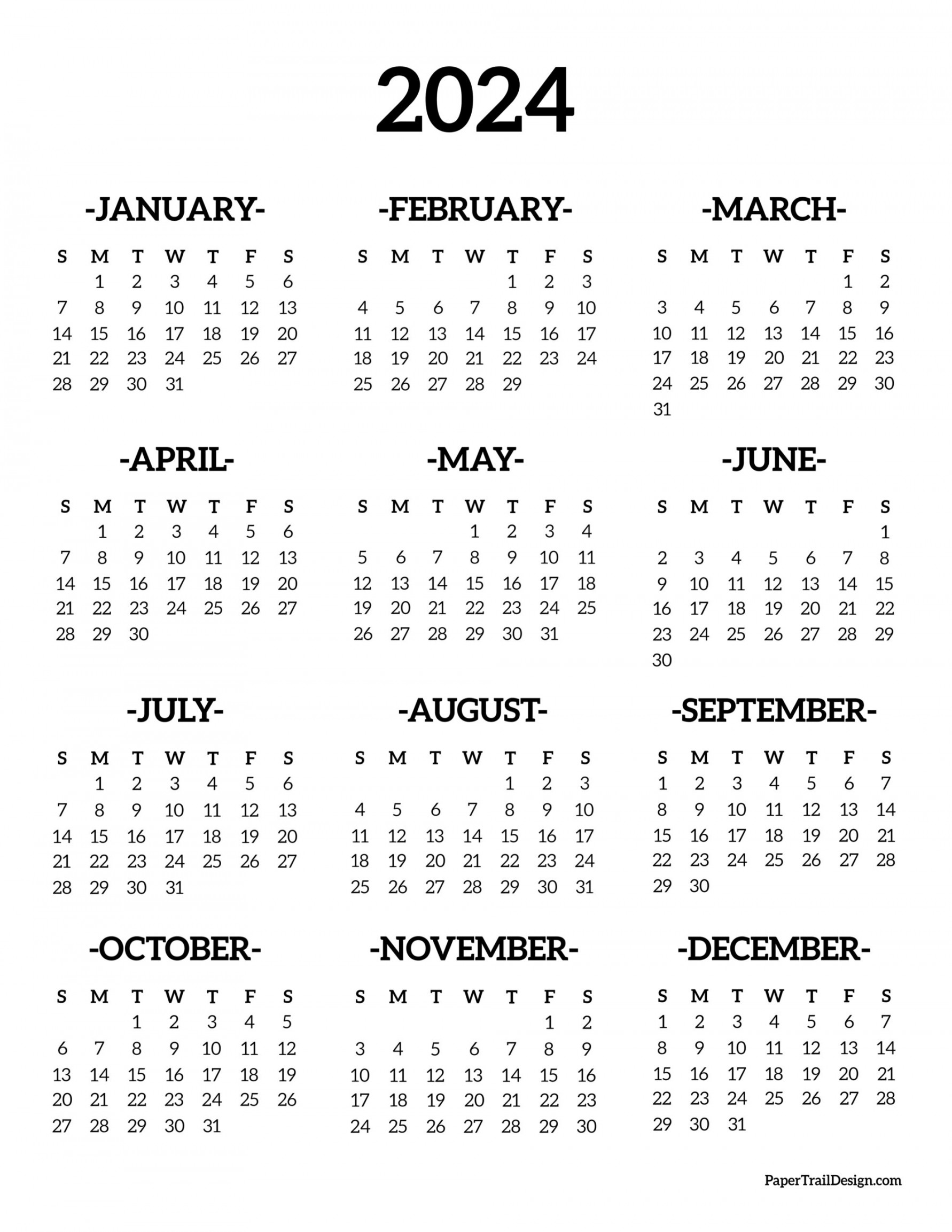 Calendar Printable One Page Paper Trail Design