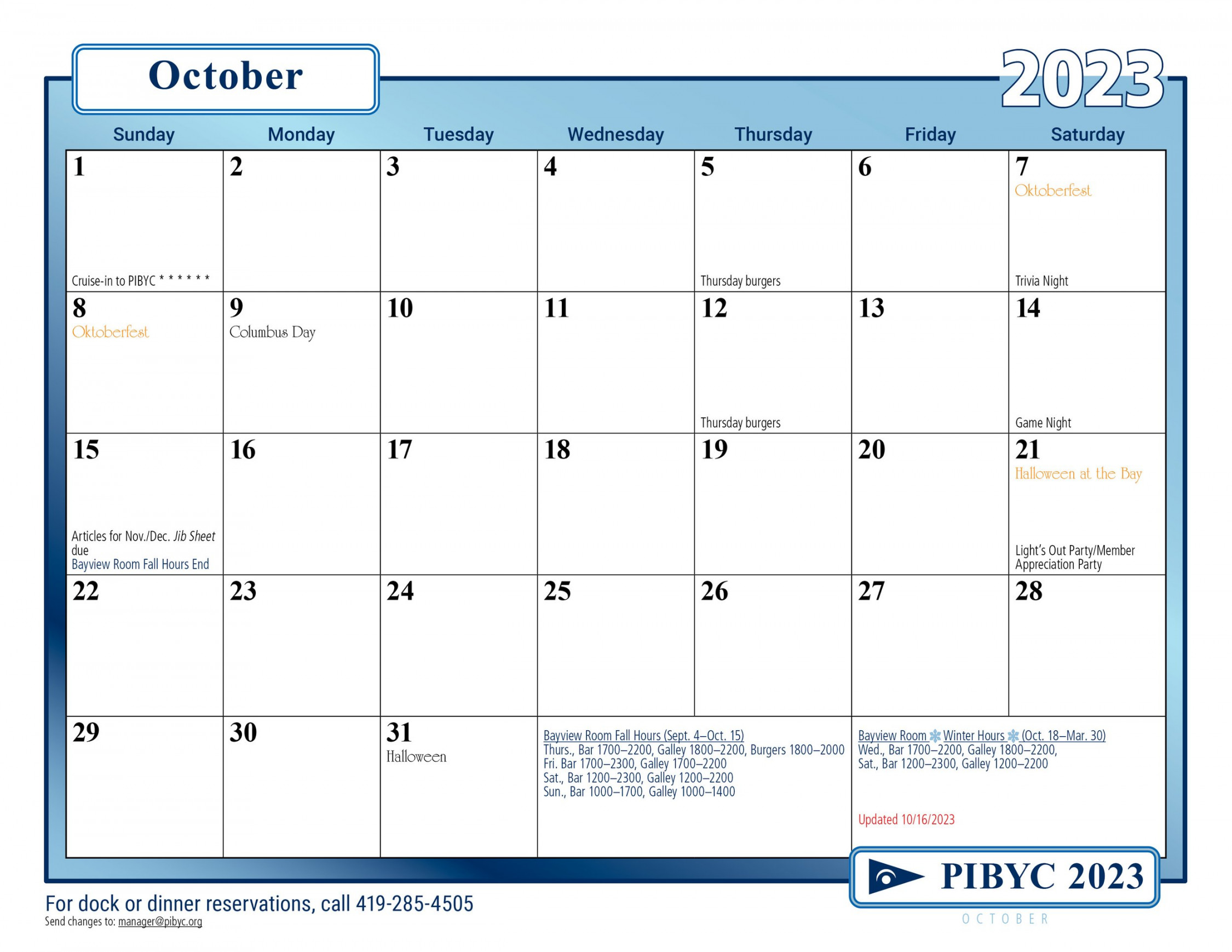Calendar — Put in Bay Yacht Club