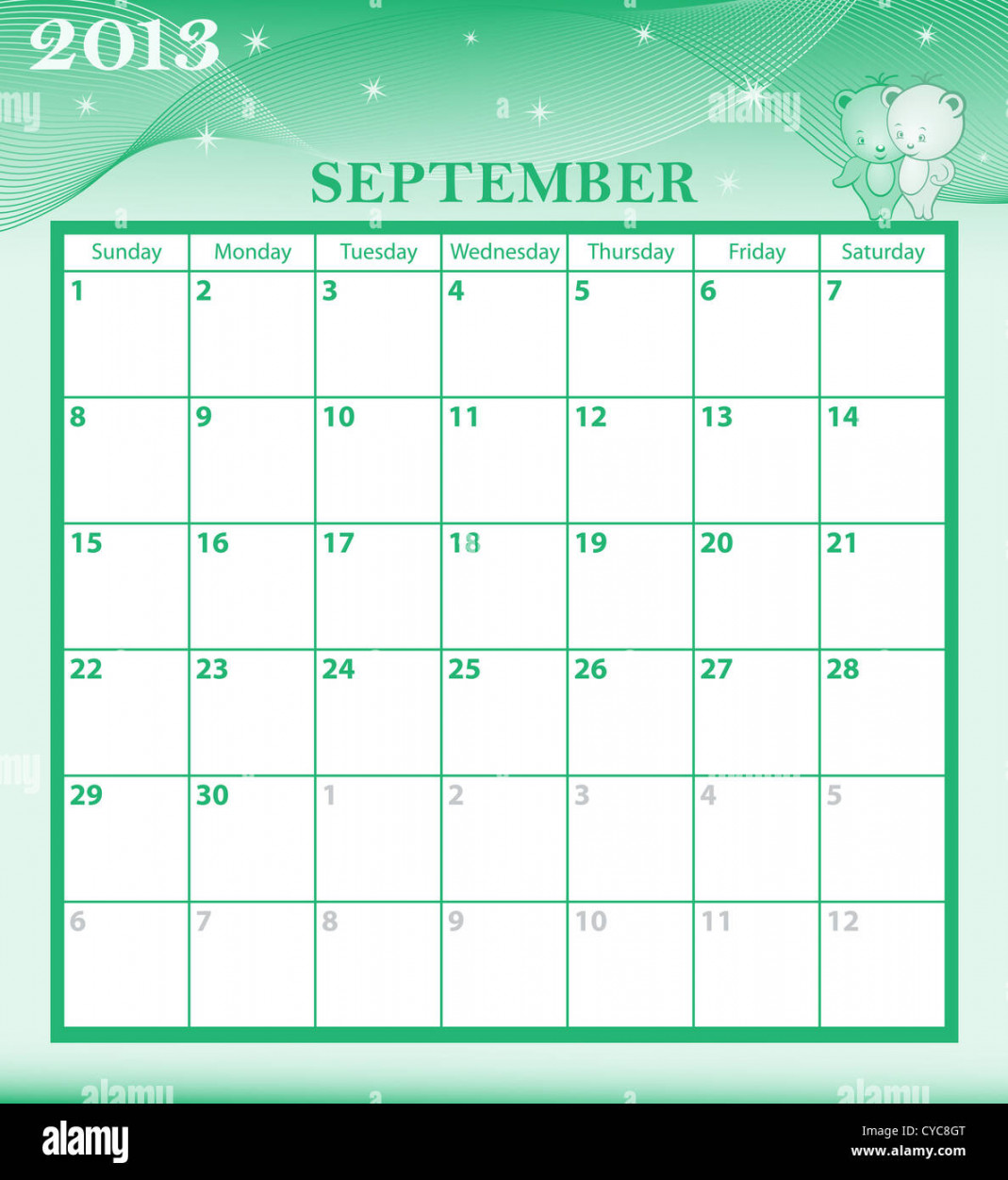 Calendar September month with large date boxes