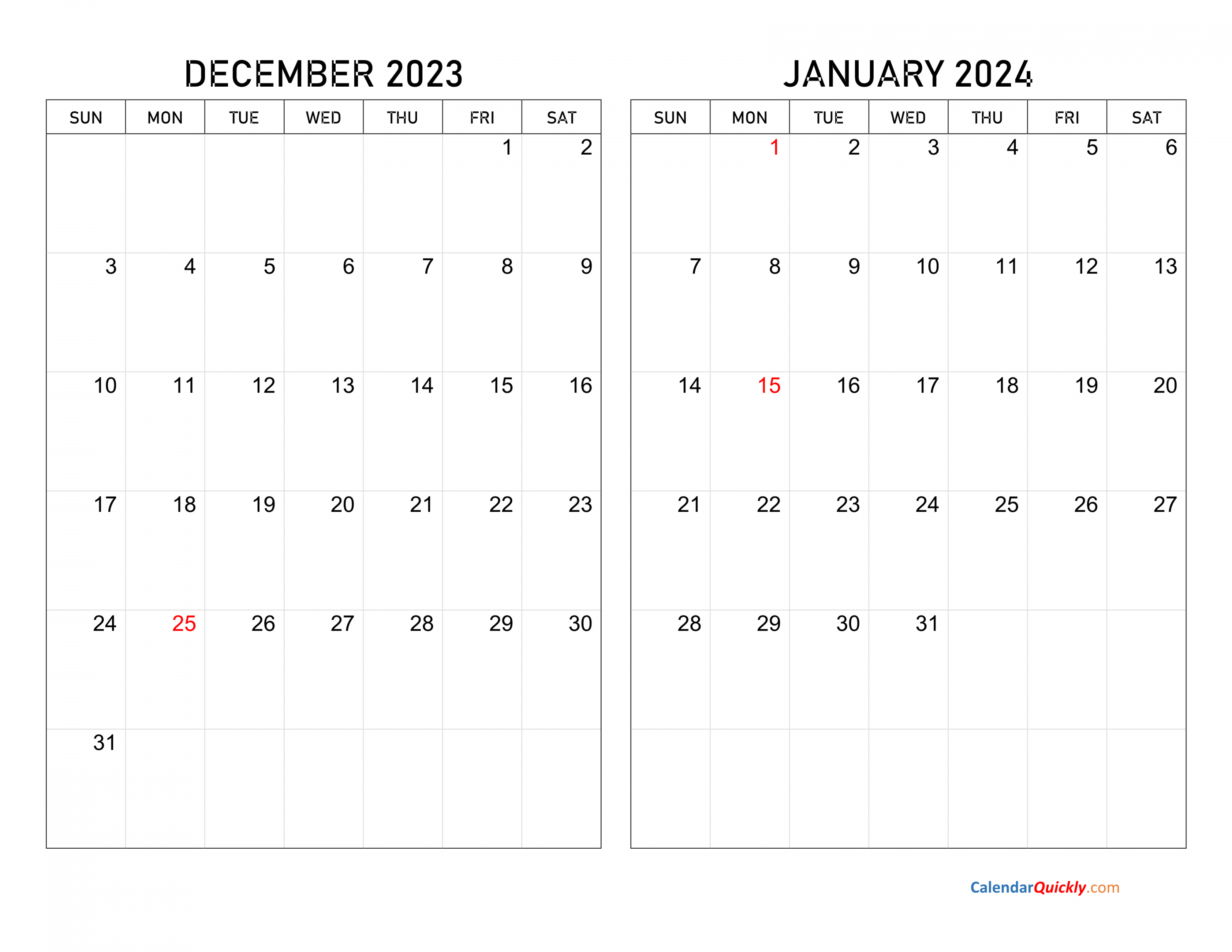 December and January Calendar Calendar Quickly