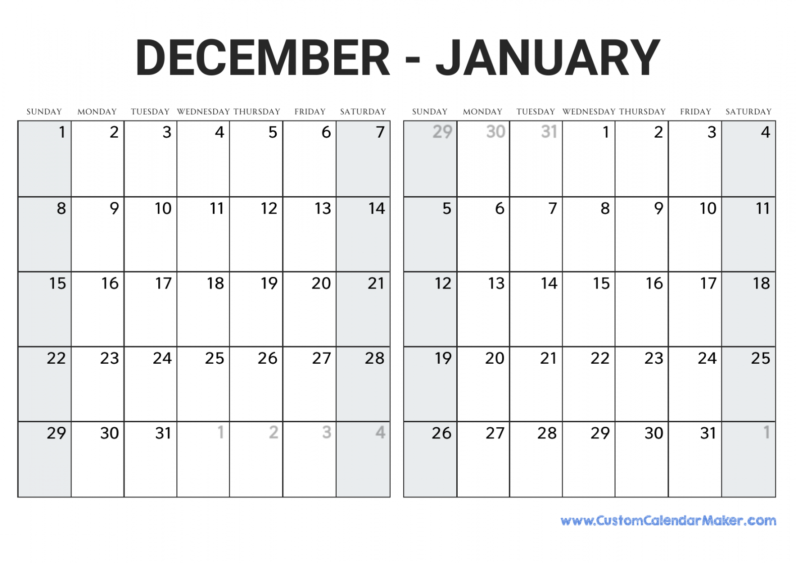 December and January Printable Calendar Template
