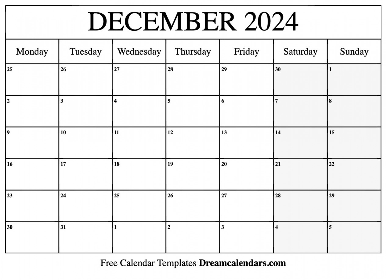 December calendar Free blank printable with holidays