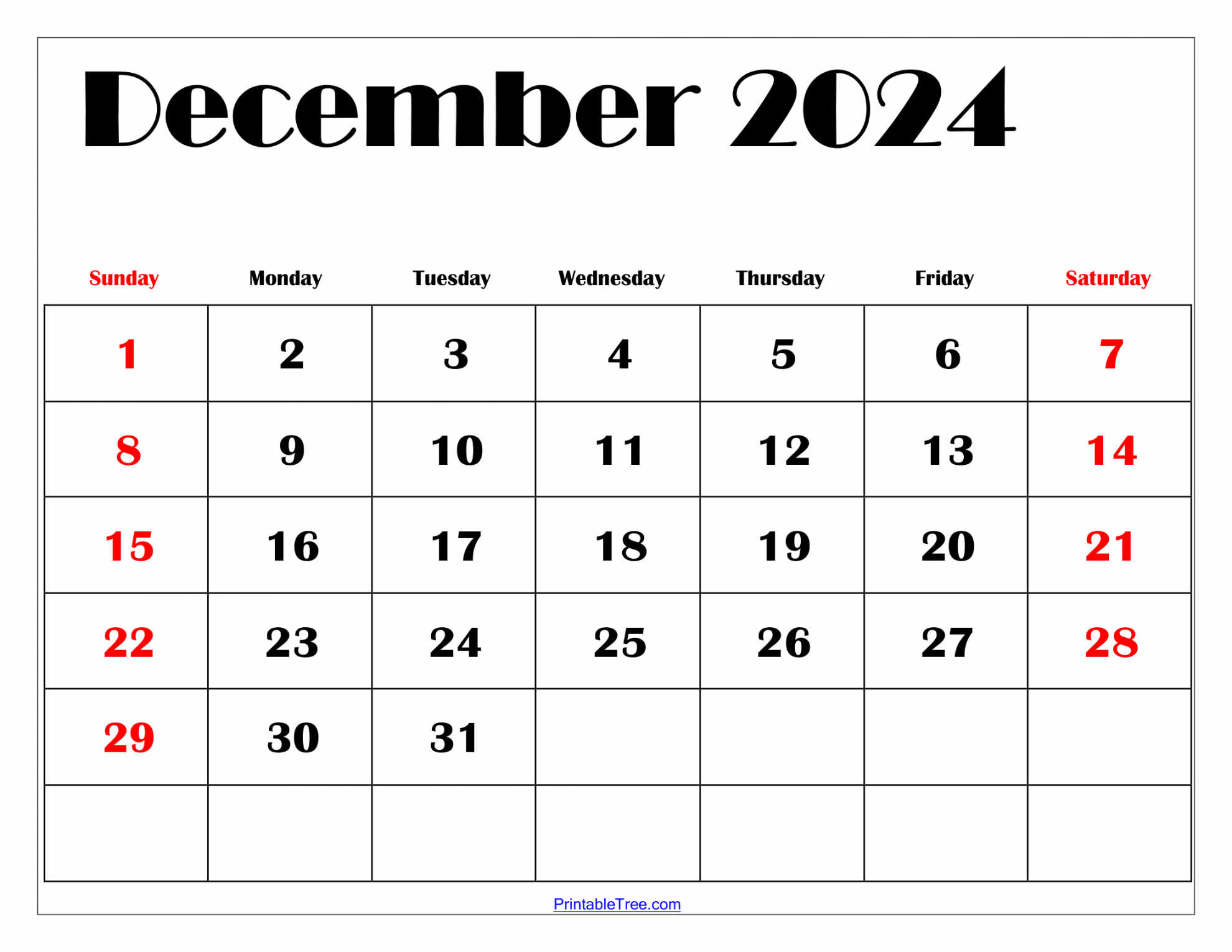 December Calendar Printable PDF Blank Free templates