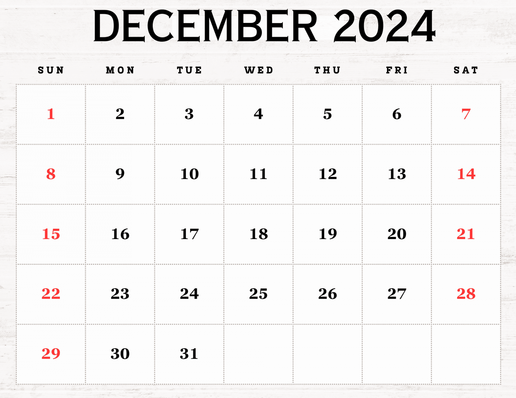 December Calendar Printable PDF Blank Free templates