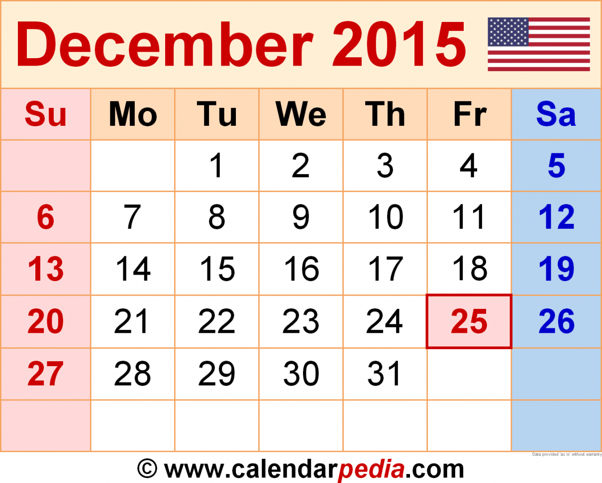 December Calendar Templates for Word, Excel and PDF