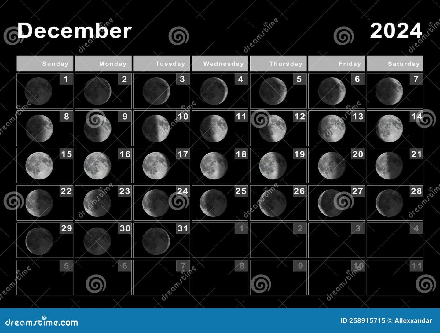 December Lunar Calendar, Moon Cycles Stock Illustration