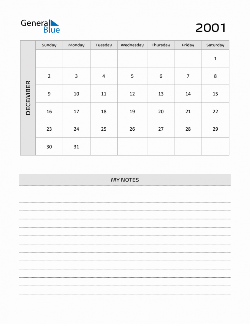 December Printable Monthly Calendar with Notes