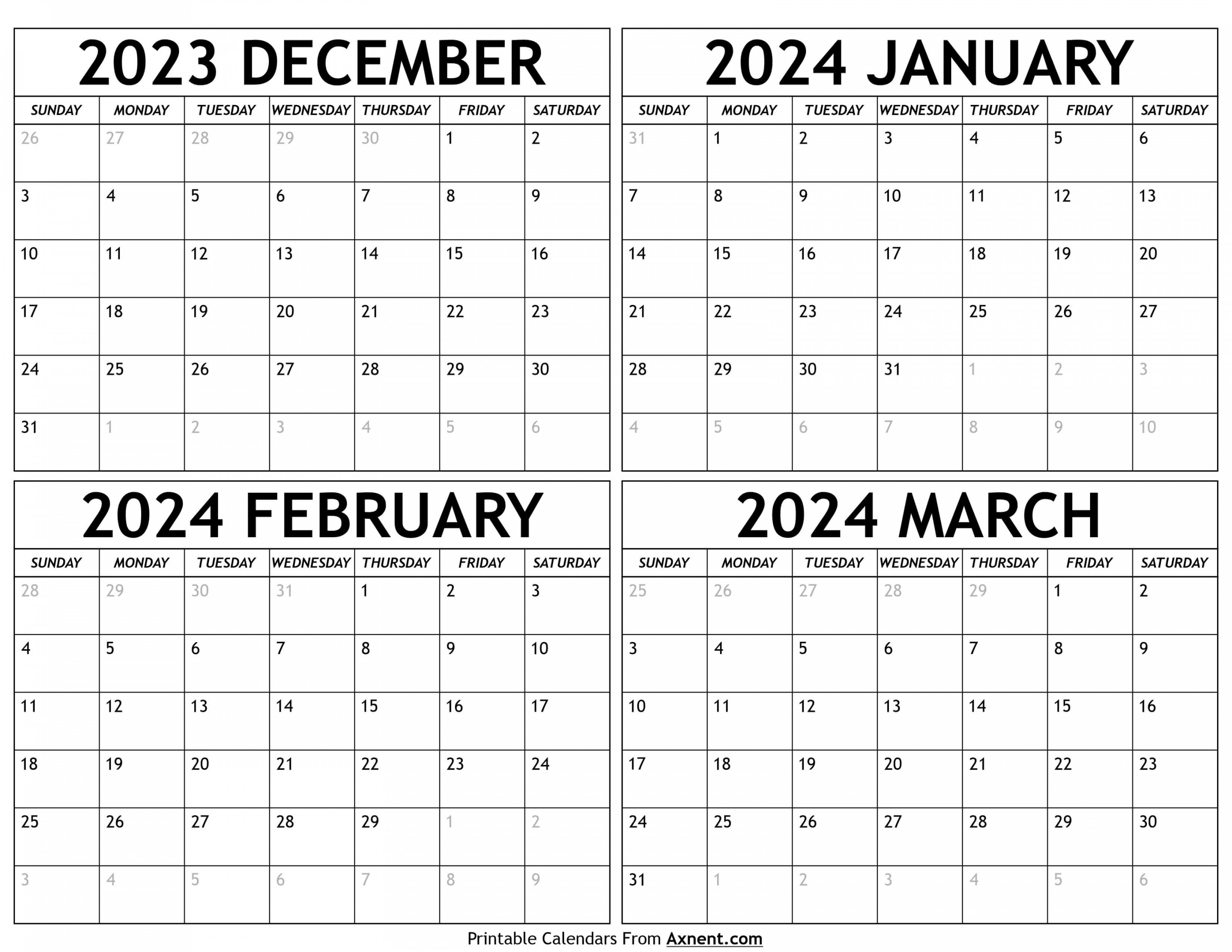 December To March Calendar Template Four Months