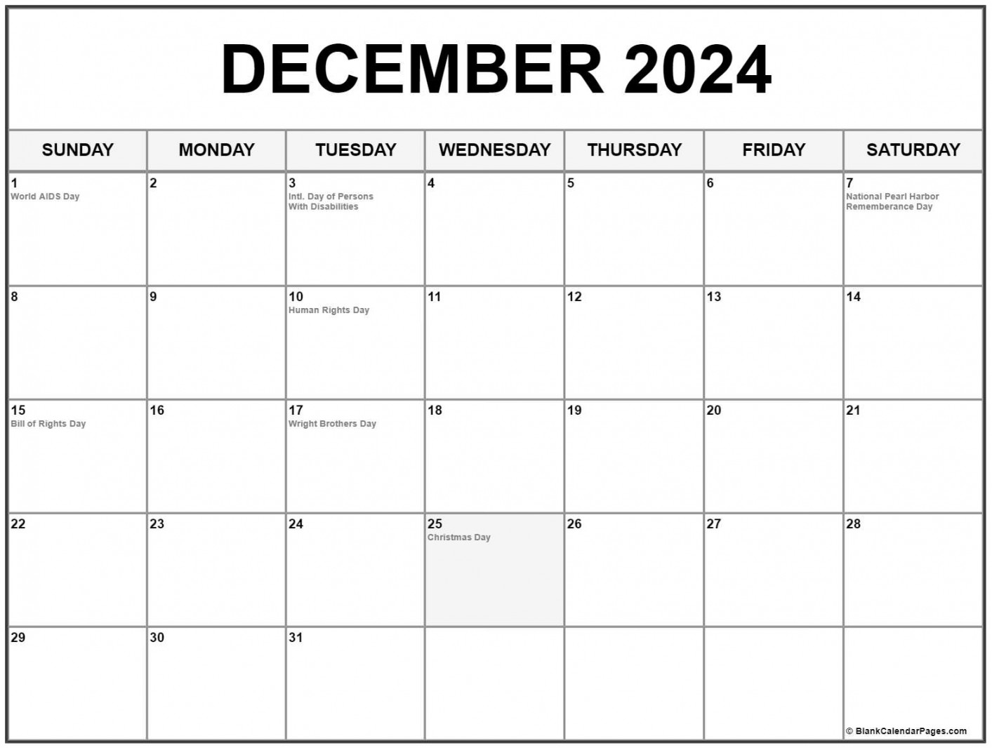 December with holidays calendar