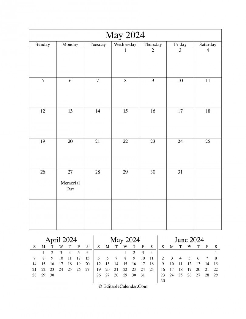 Download May Editable Calendar Portrait (Word Version)
