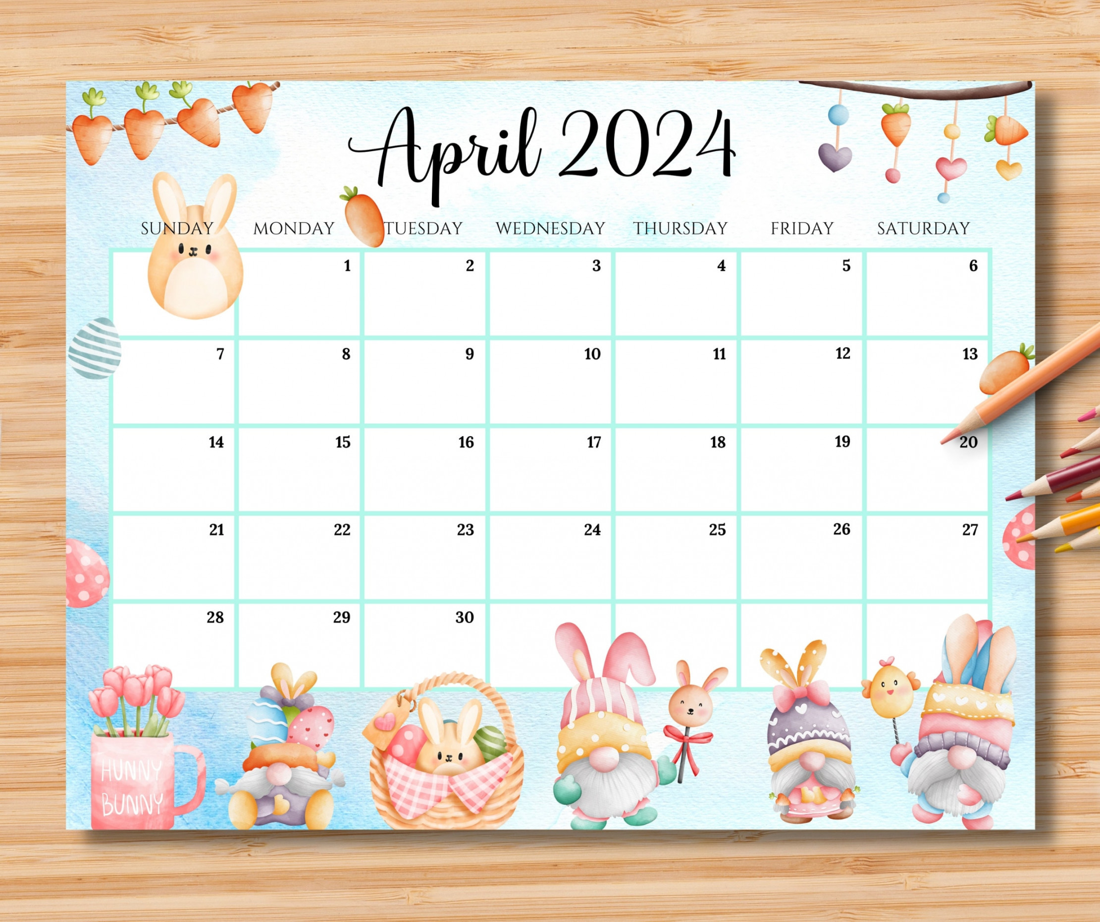EDITABLE April Calendar, Happy Easter Day With Cute Gnomes