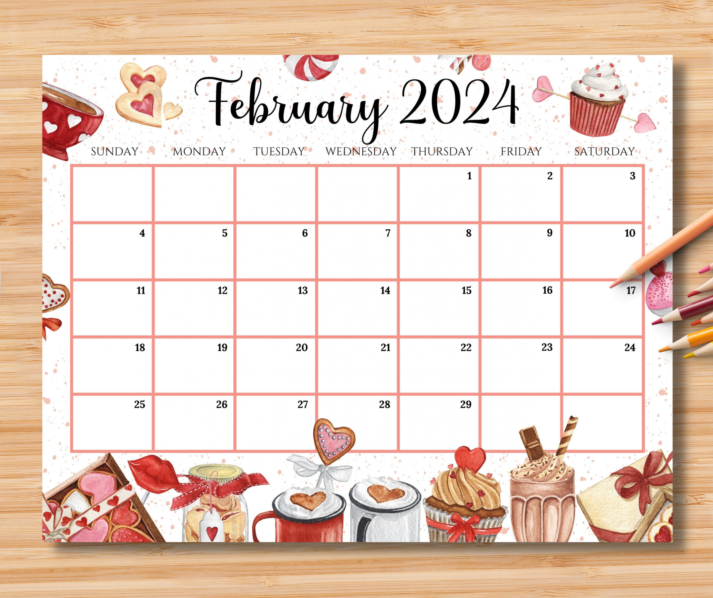 EDITABLE February Calendar, Happy Valentine With Sweet