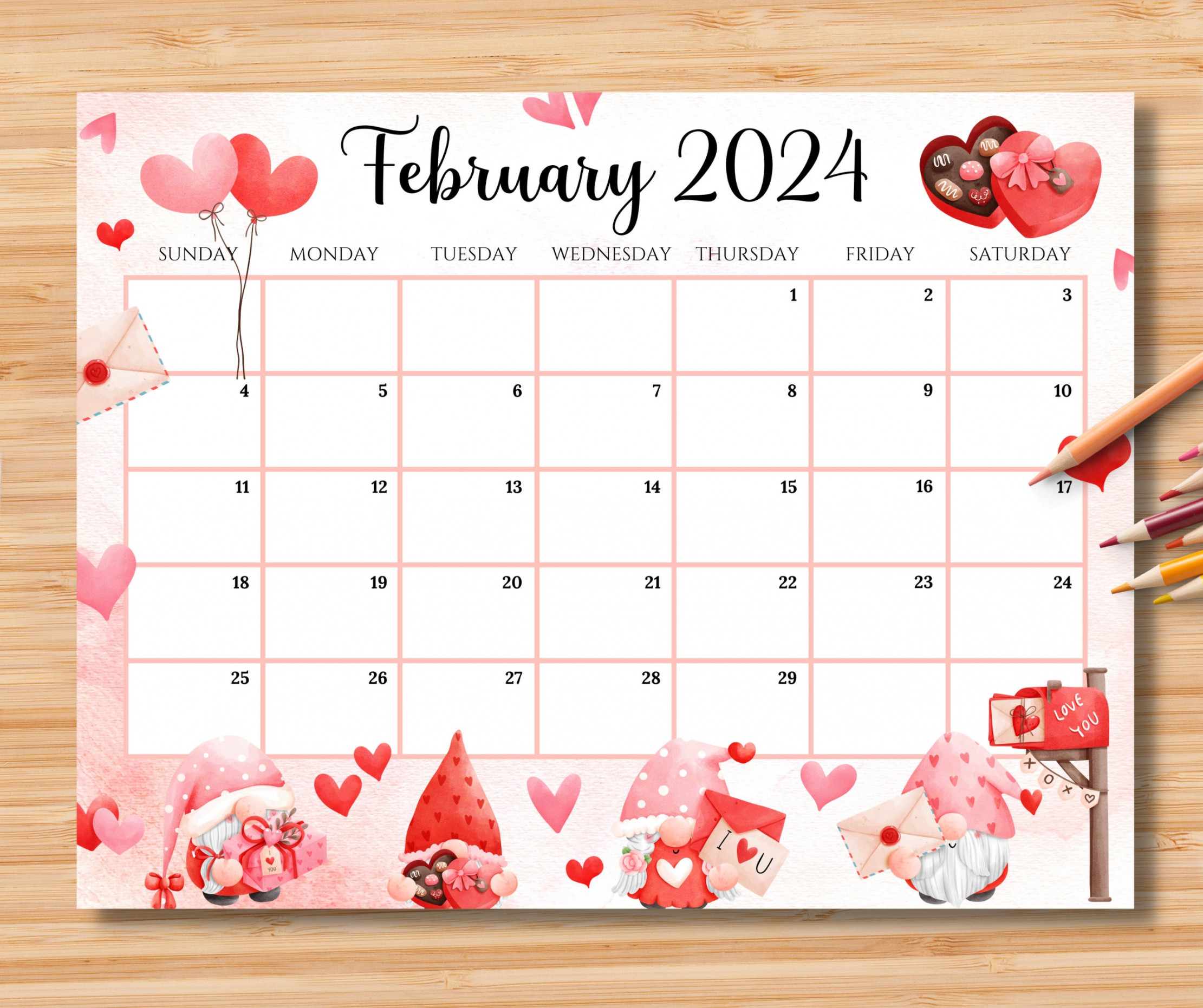 EDITABLE February Calendar, Sweet Valentine With Cute