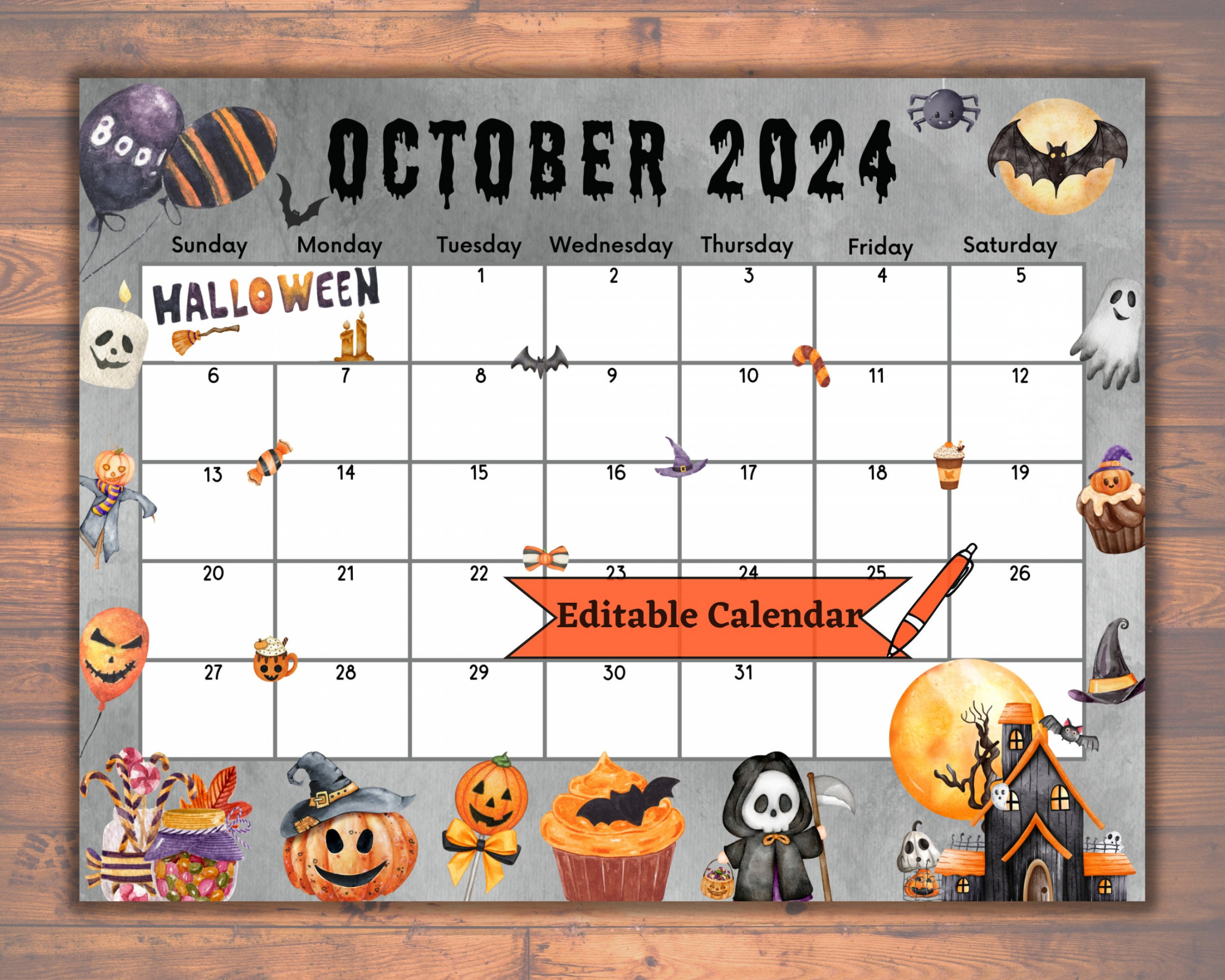 Editable Fillable October Calendar for Spooky Happy Halloween