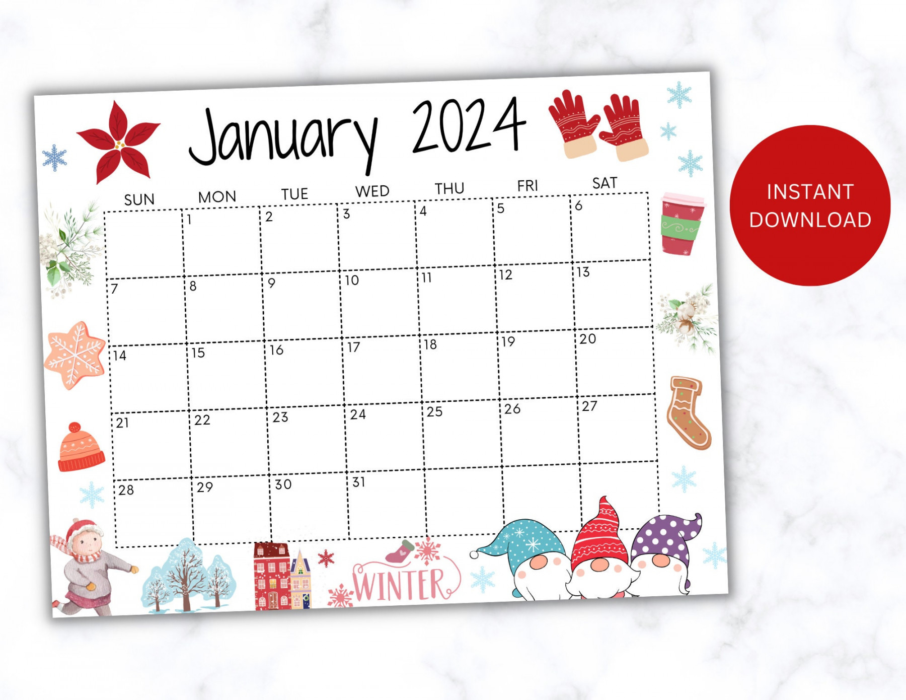 Editable January Calendar , Printable Wall Calendar , Cute