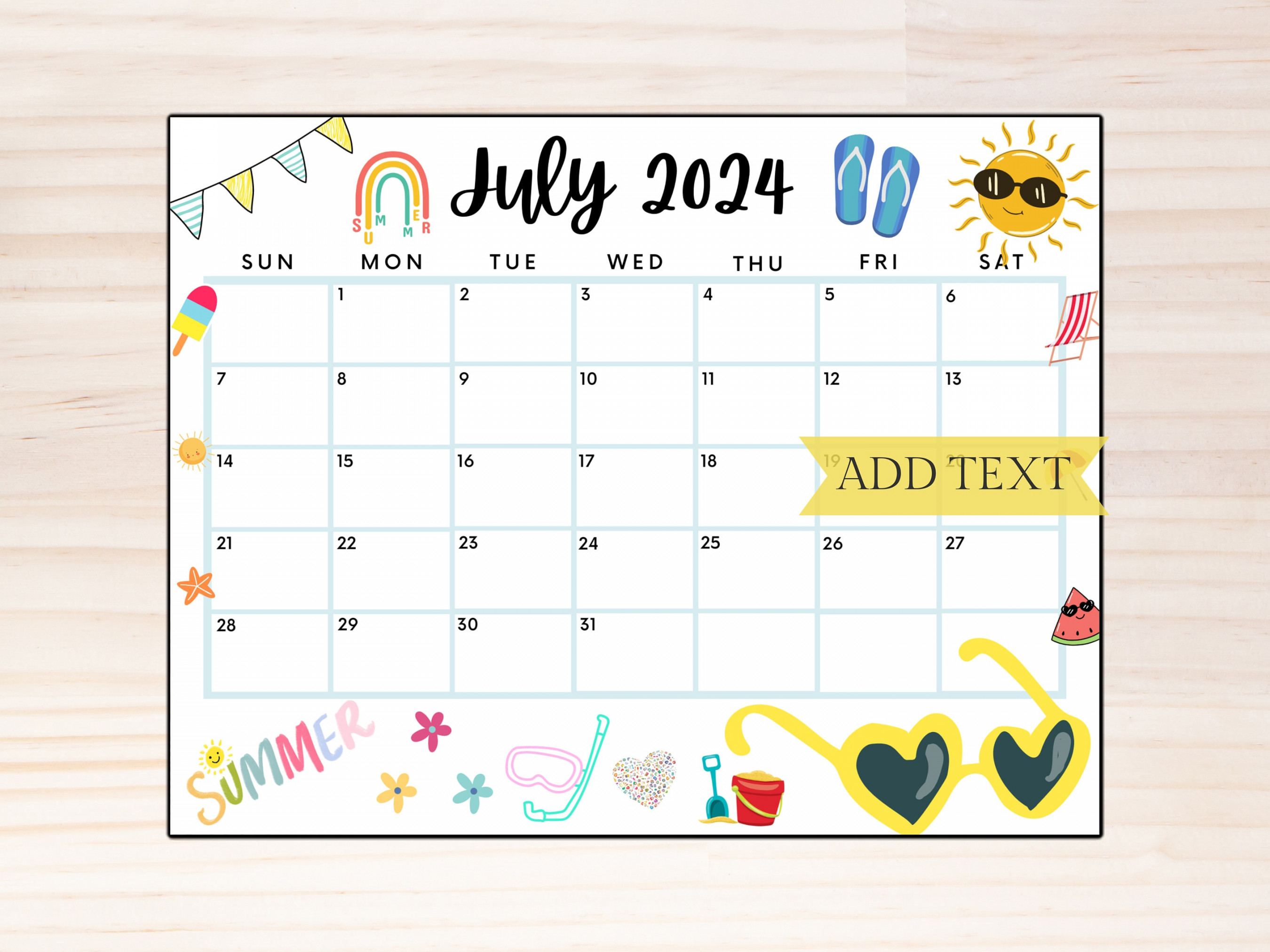 EDITABLE July Summer Calendar, Printable July Calendar