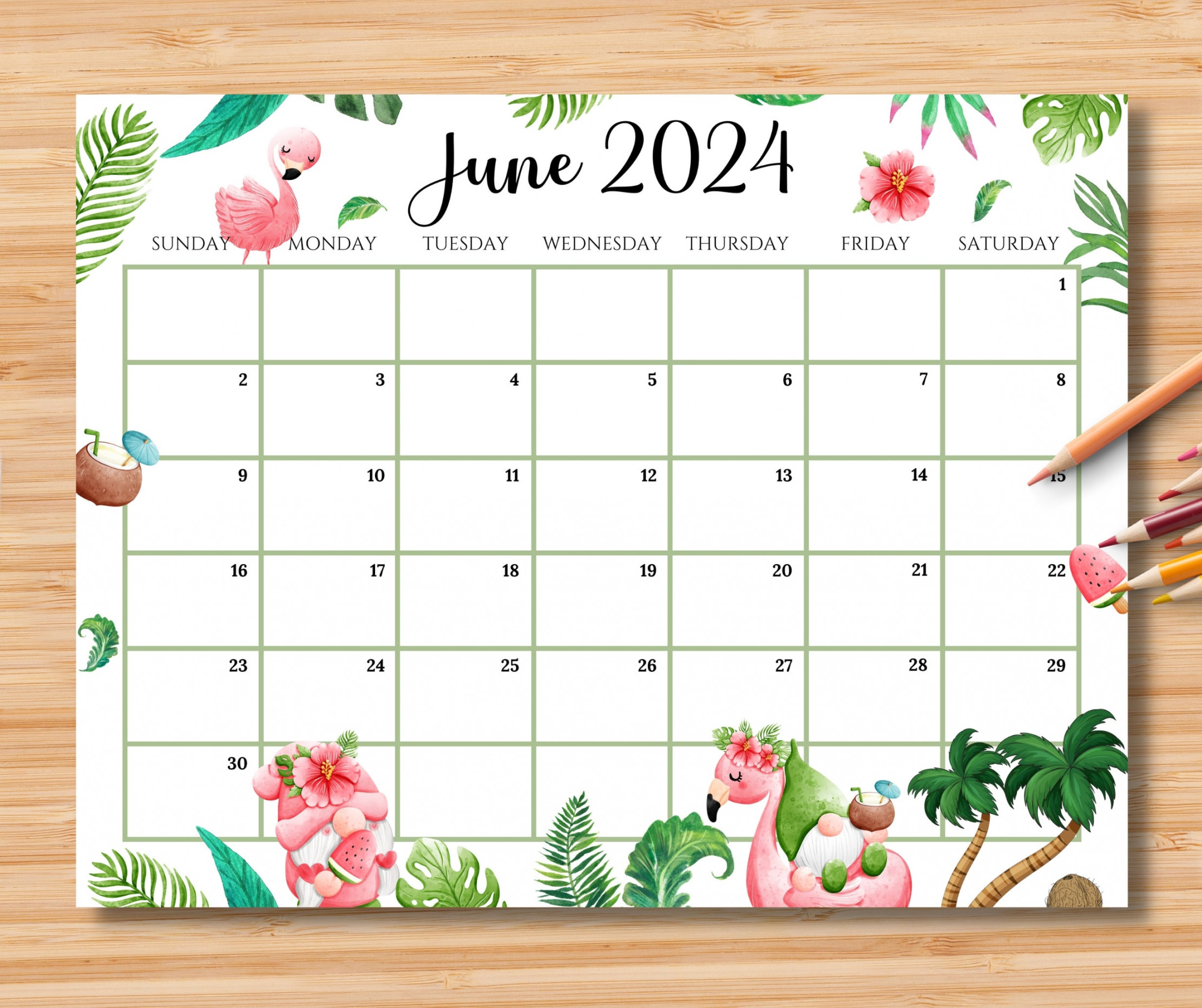 EDITABLE June Calendar, Joyful Summer With Cute Gnomes