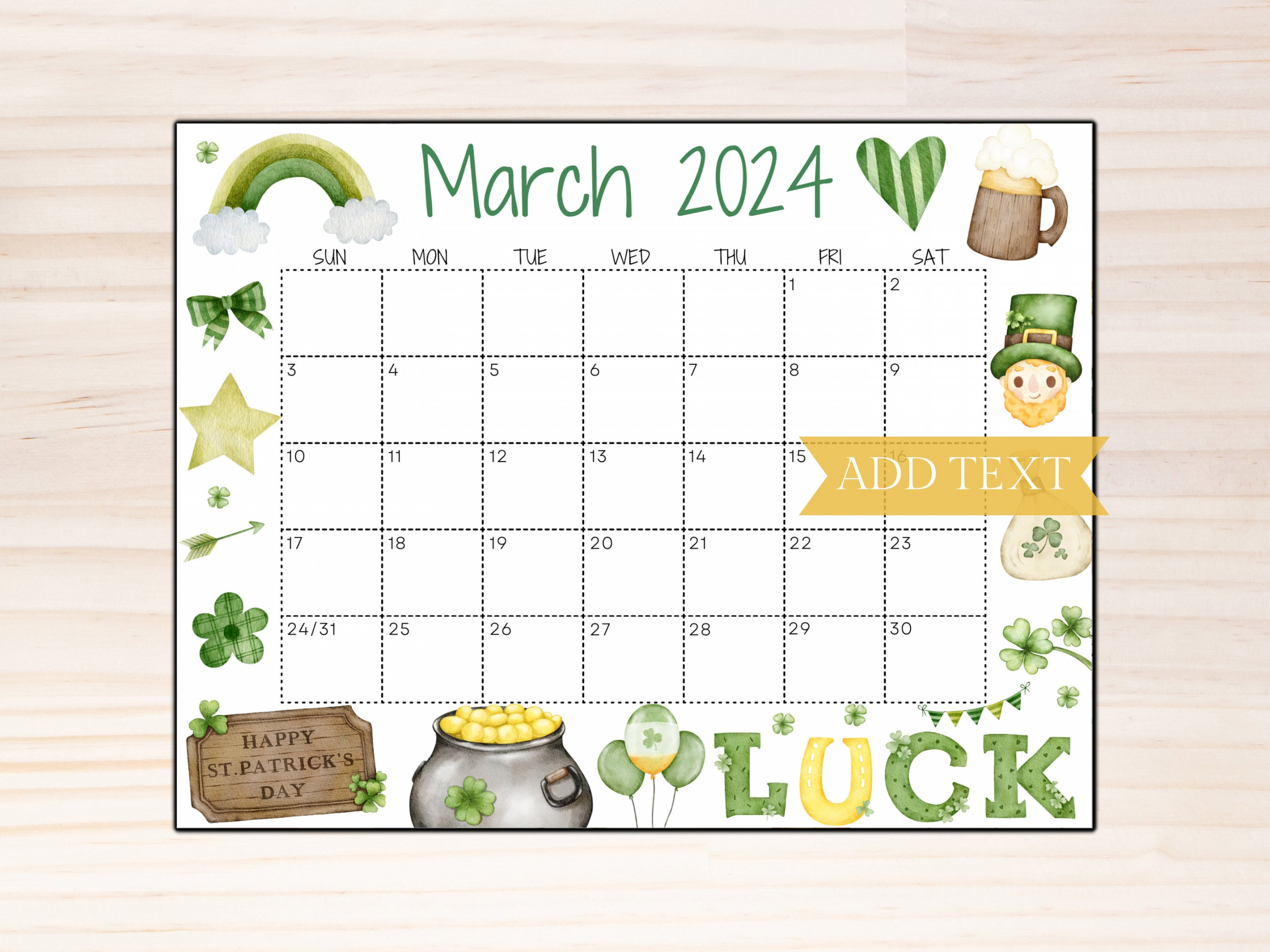EDITABLE March Calendar, Printable Wall Calendar , St