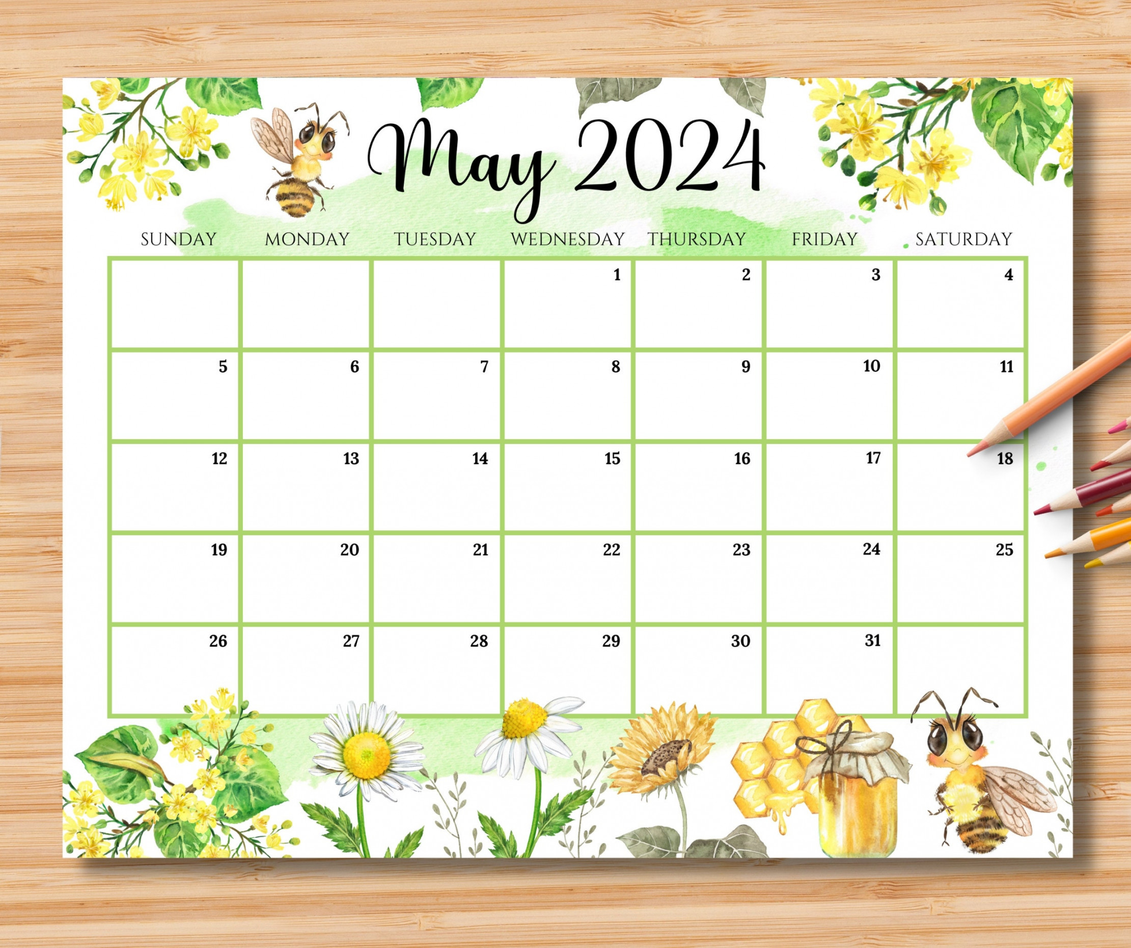 EDITABLE May Calendar, Hello Spring With Cute Honey Bees