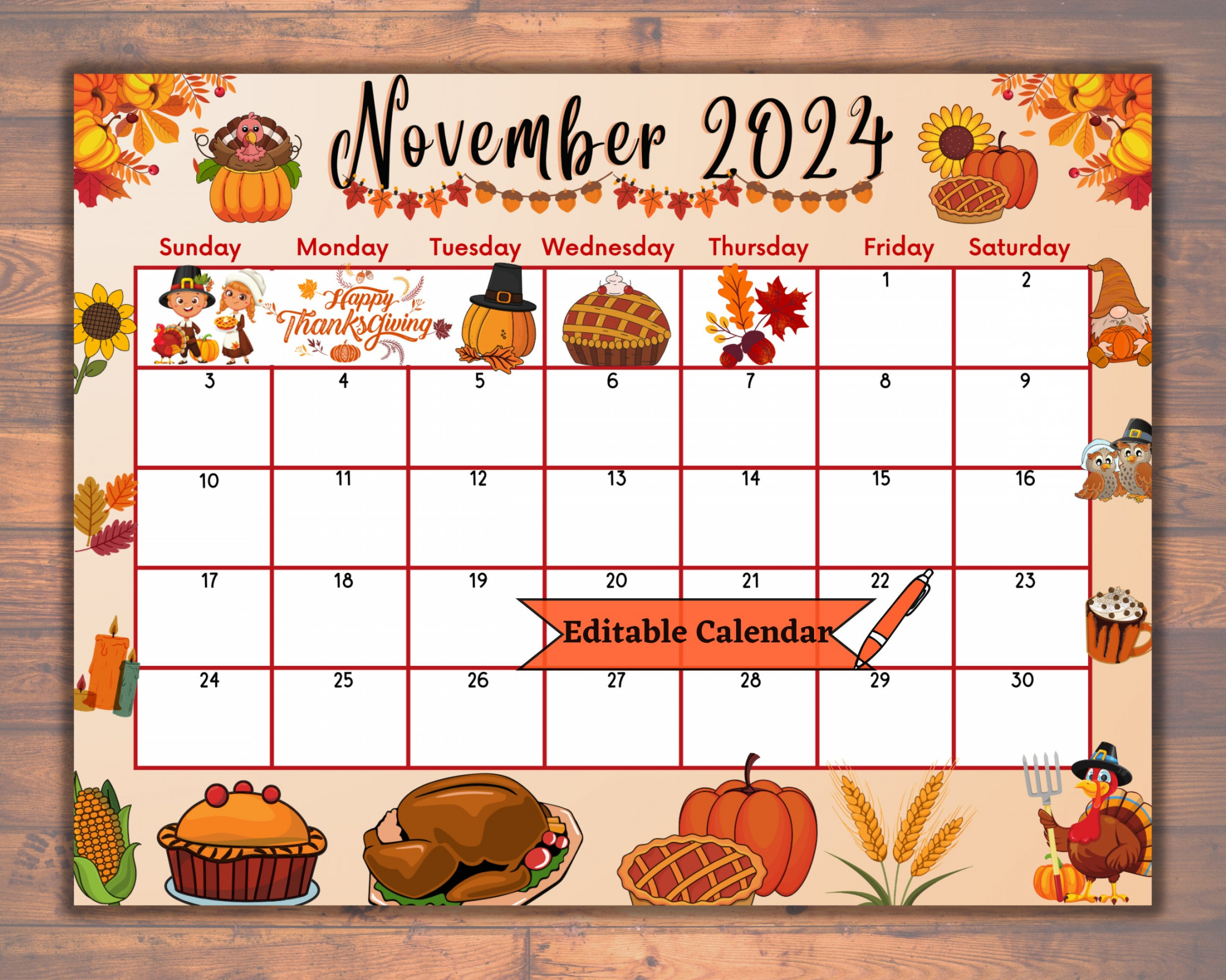 Editable November Calendar, Fillable, Printable, Happy