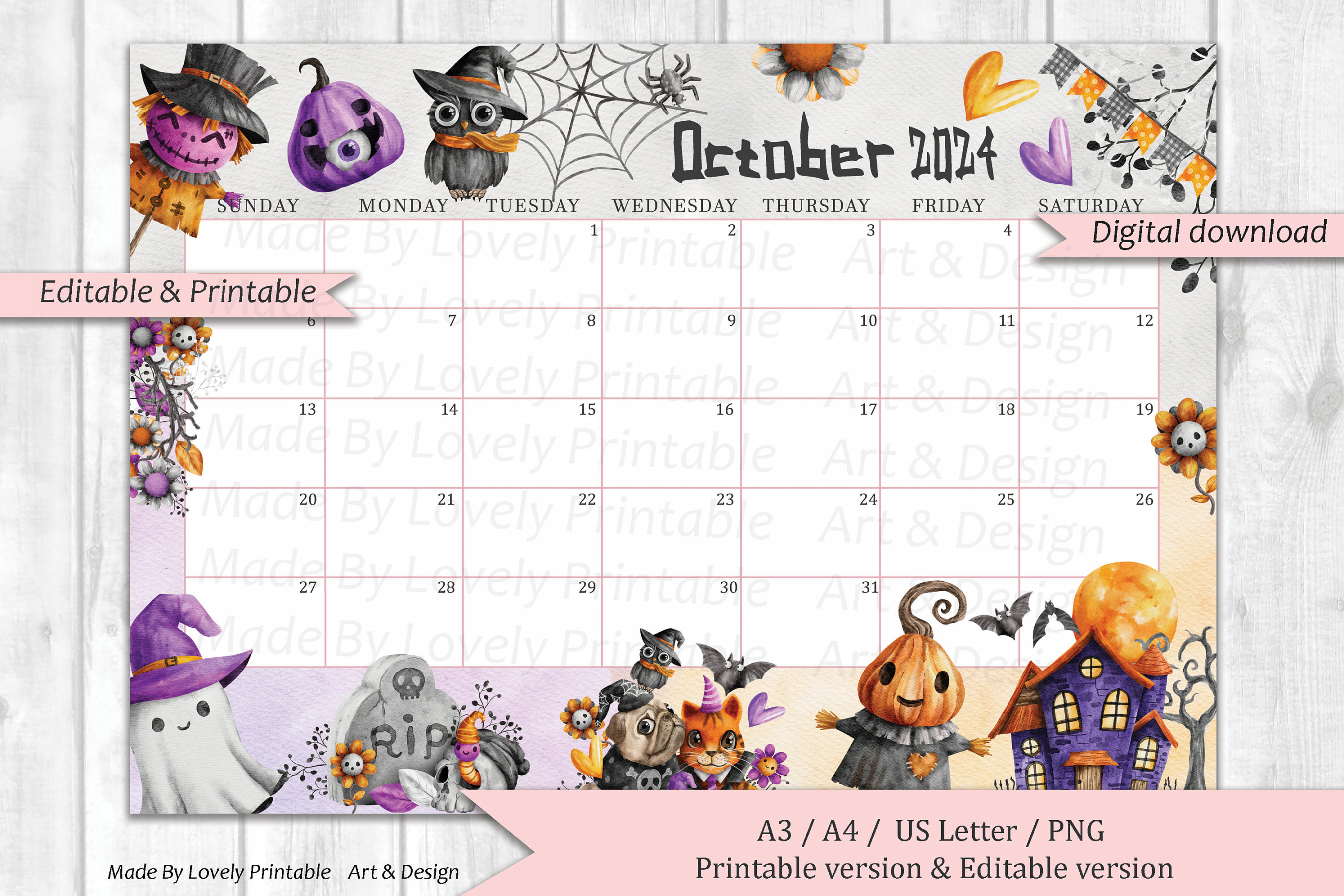 EDITABLE October Calendar, Happy Spooky Halloween Planner, Printable Monthly Calendar Planner, Kids School Schedule, Instant Download