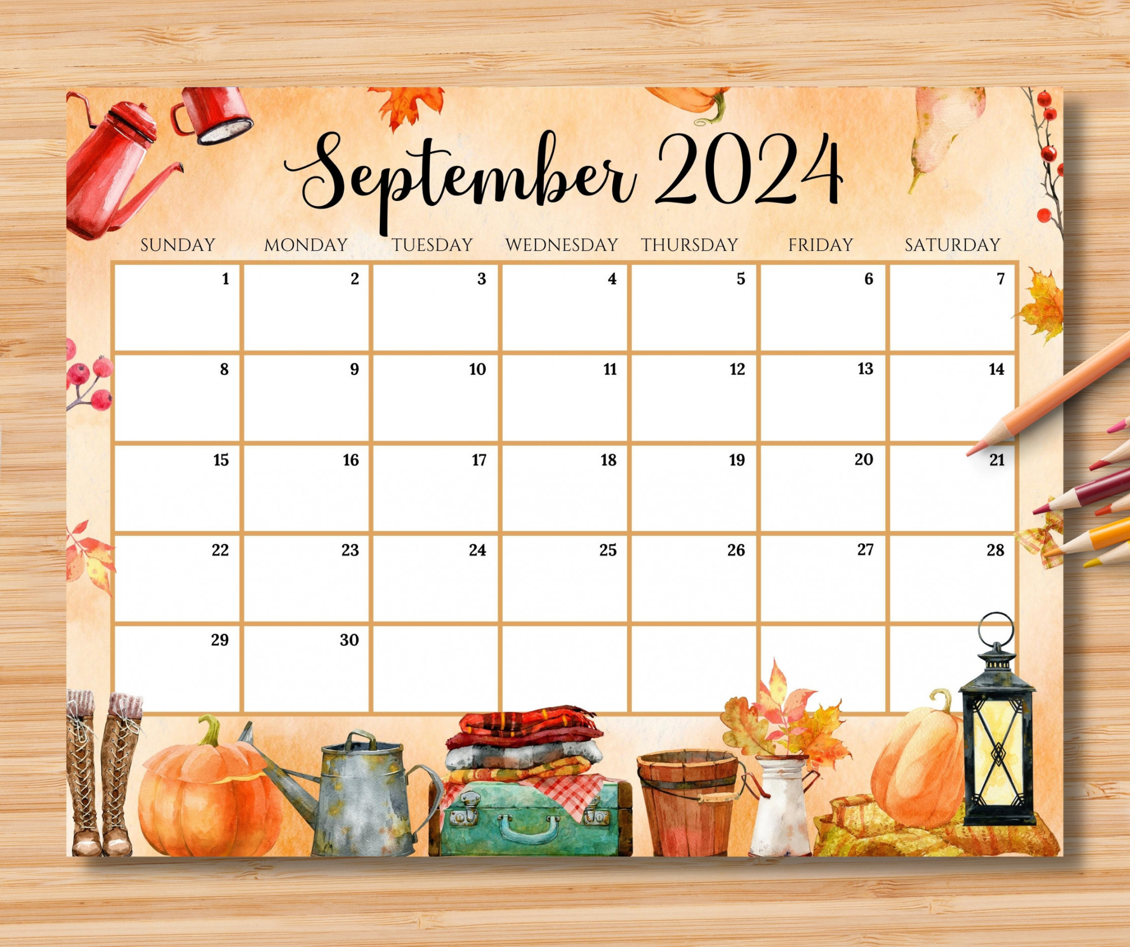 EDITABLE September Calendar, Beautiful & Cozy Fall Autumn