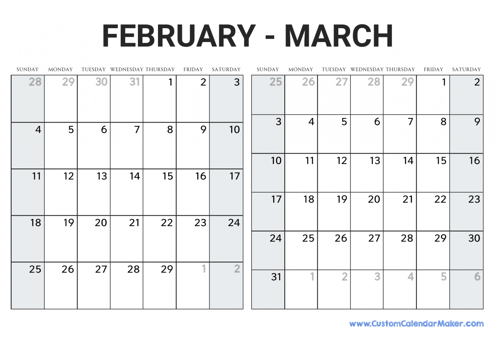 February and March Calendar
