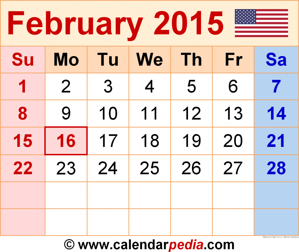 February Calendar Templates for Word, Excel and PDF