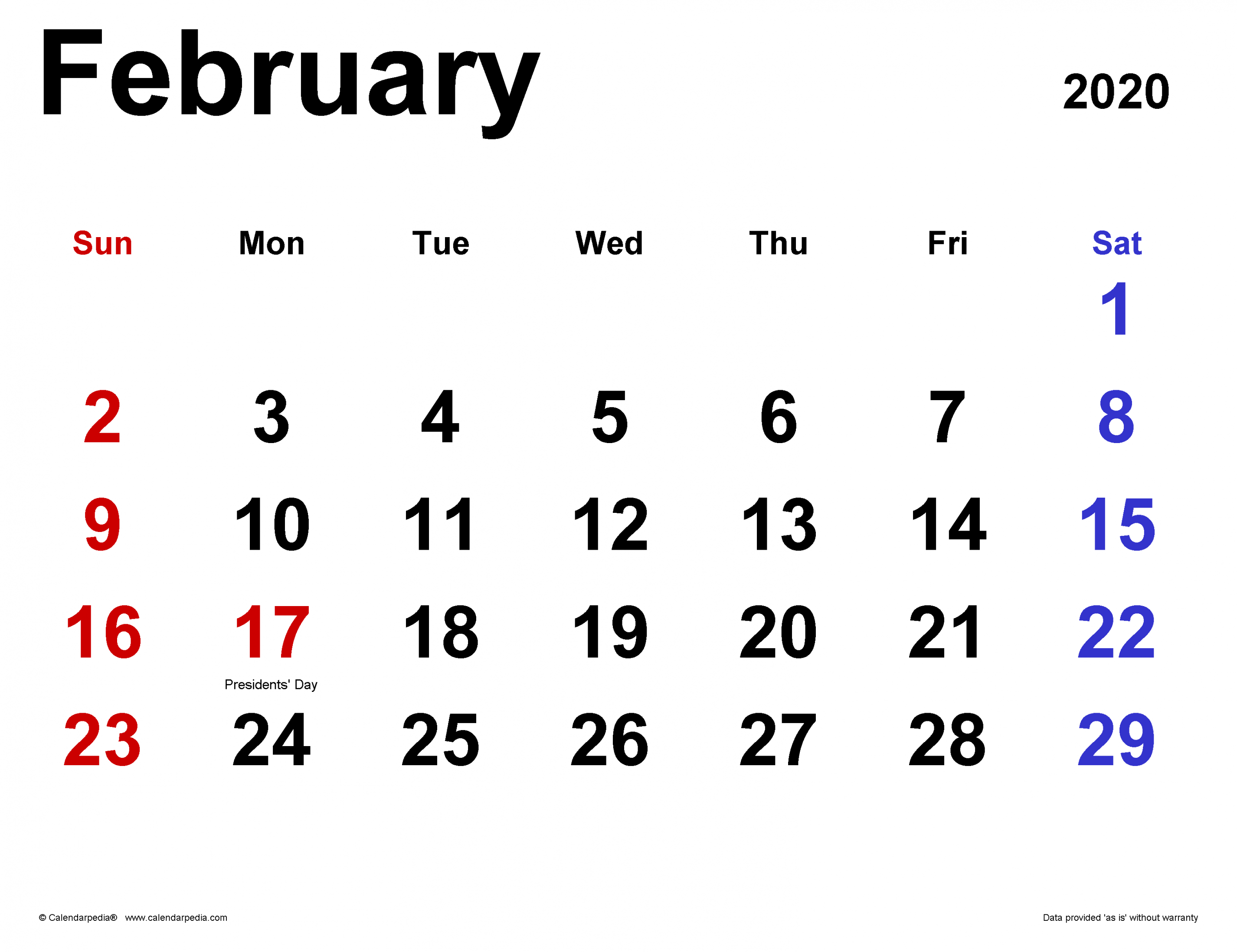 February Calendar Templates for Word, Excel and PDF