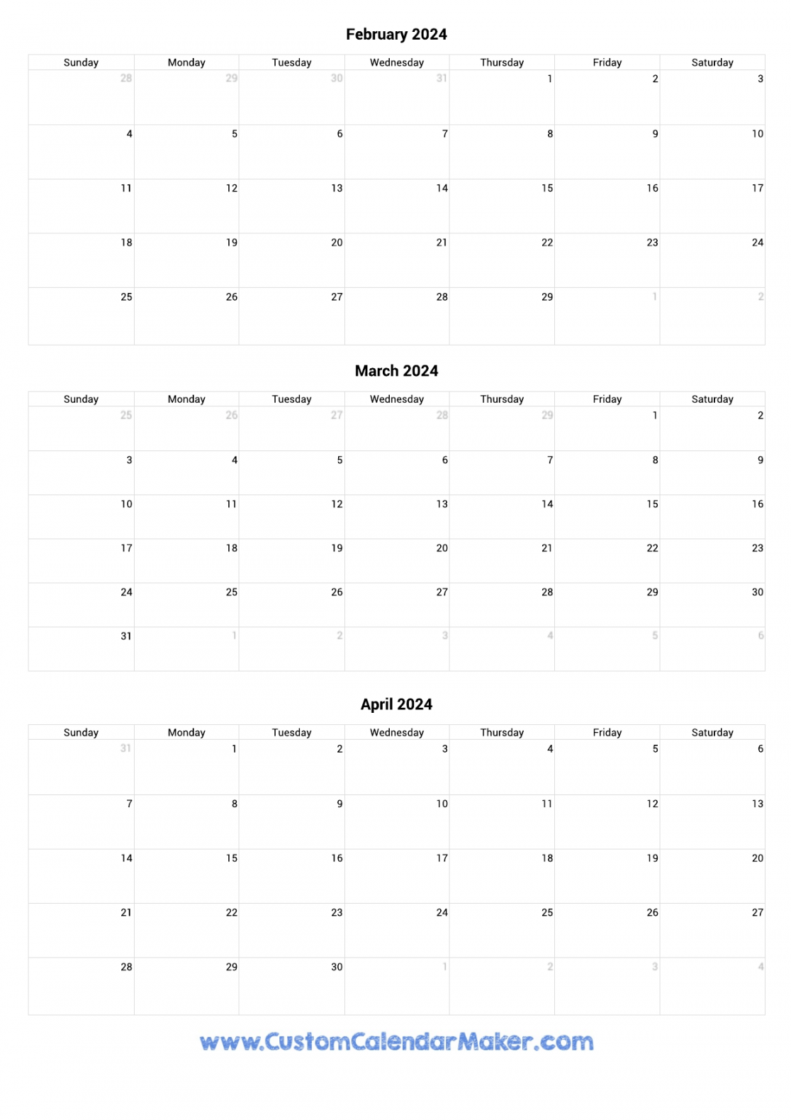 February to April Calendar Printable