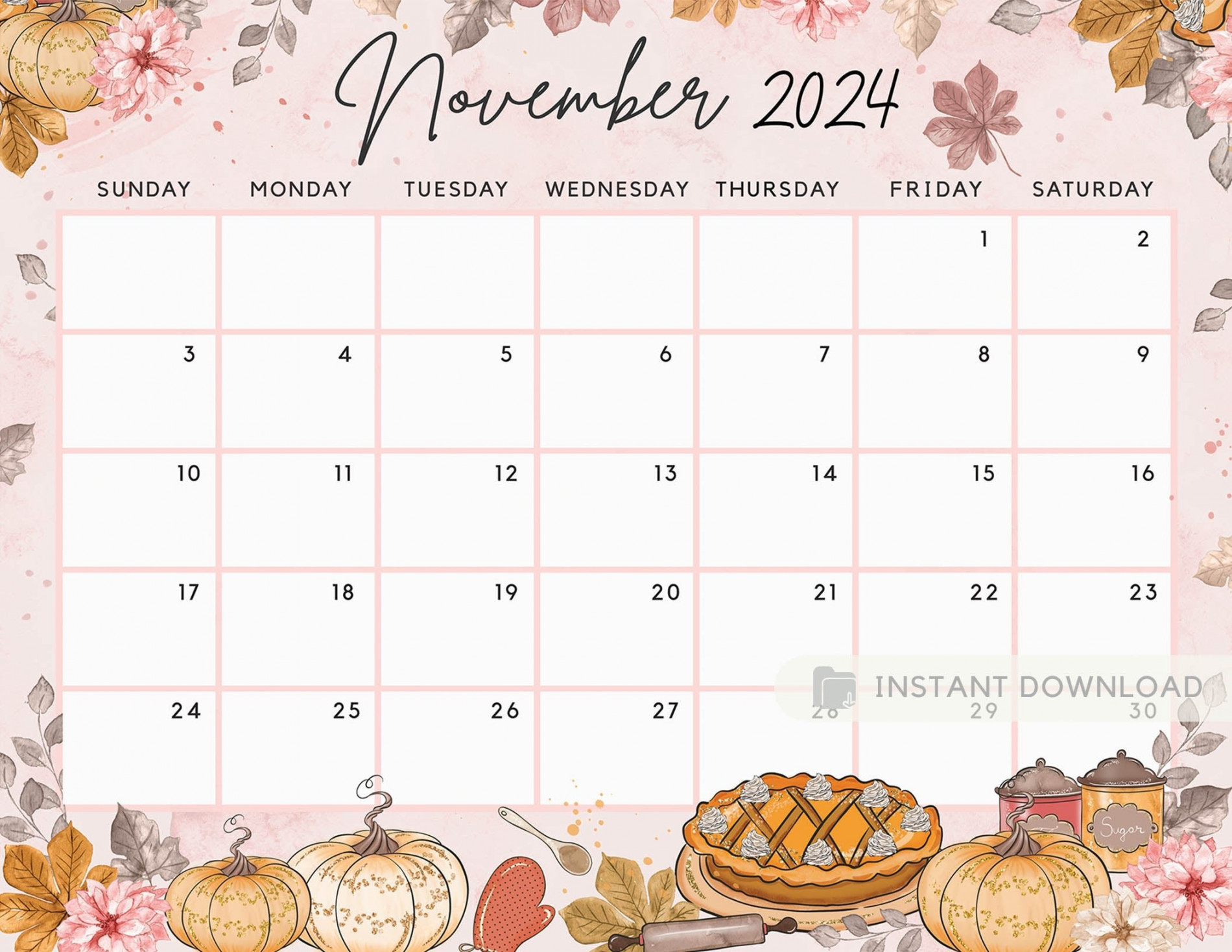 Fillable November Calendar, Sweet Autumn
