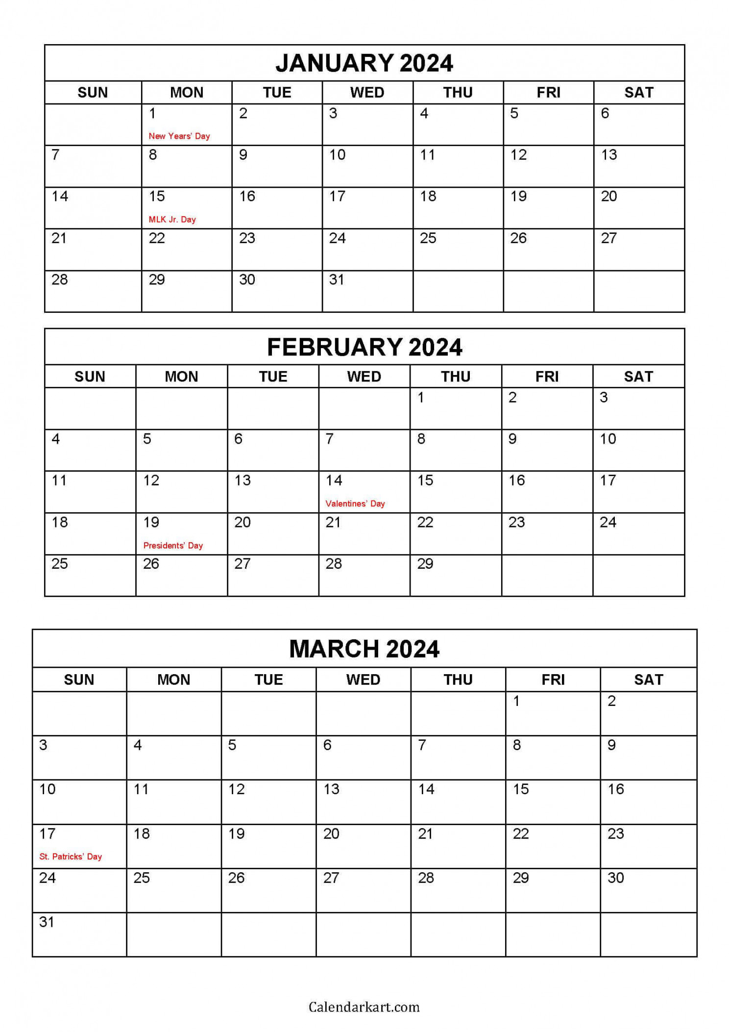 Free Printable January to March Calendar CalendarKart