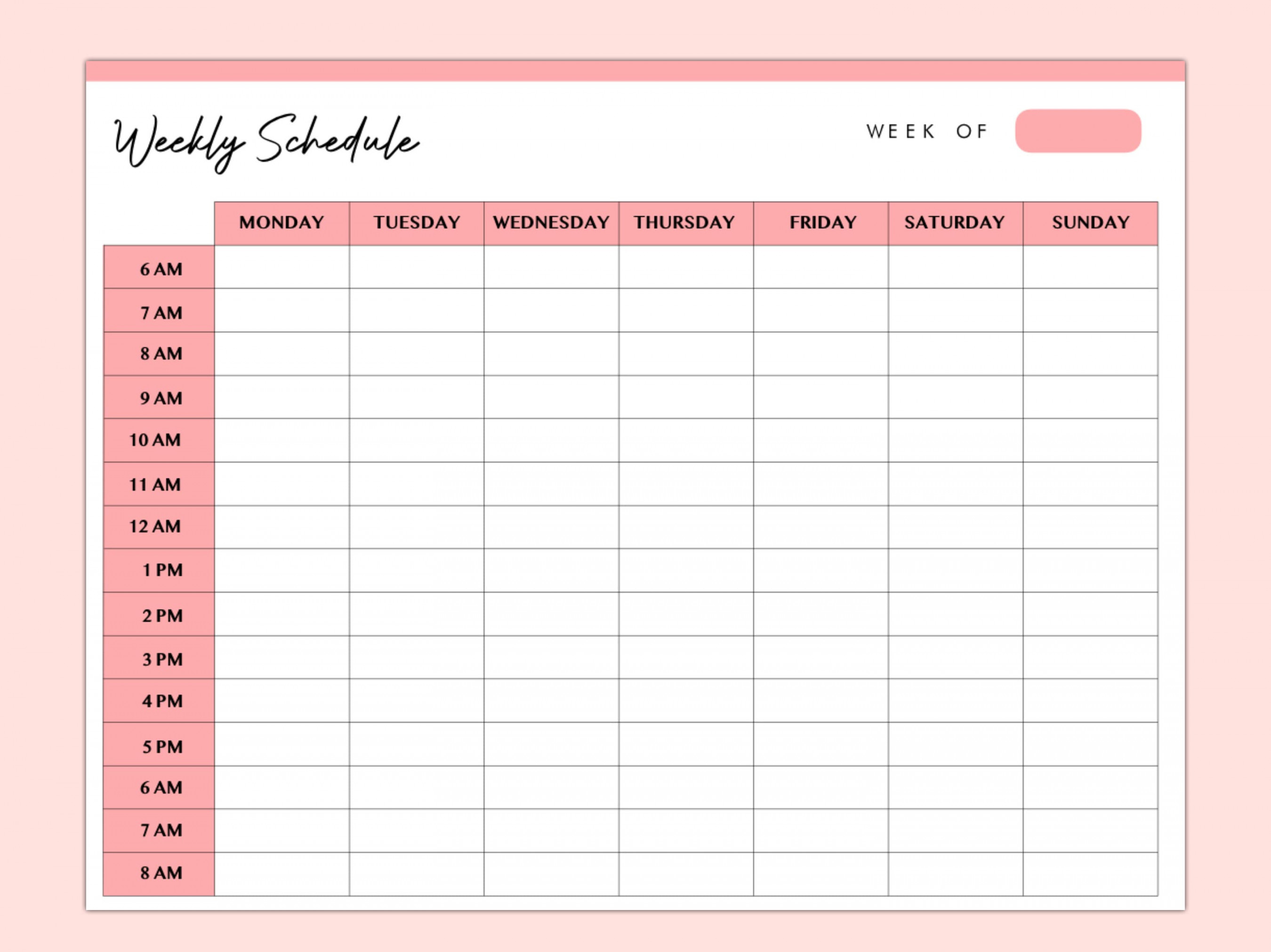 Hourly Weekly Schedule Landscape Weekly Planner Printable Weekly Organizer Weekly Agenda Desk Planner PDF Instant Download