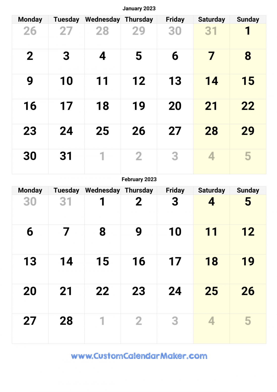 January and February Printable Calendar Template