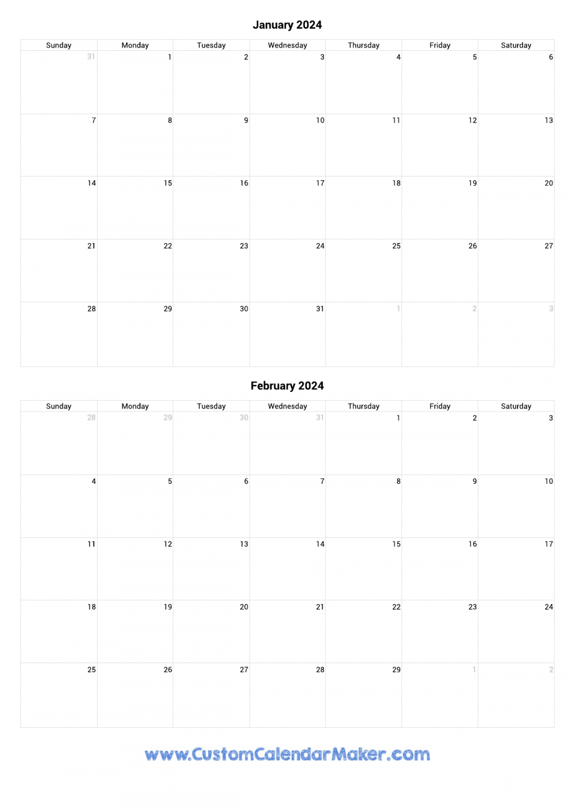 January and February Printable Calendar Template