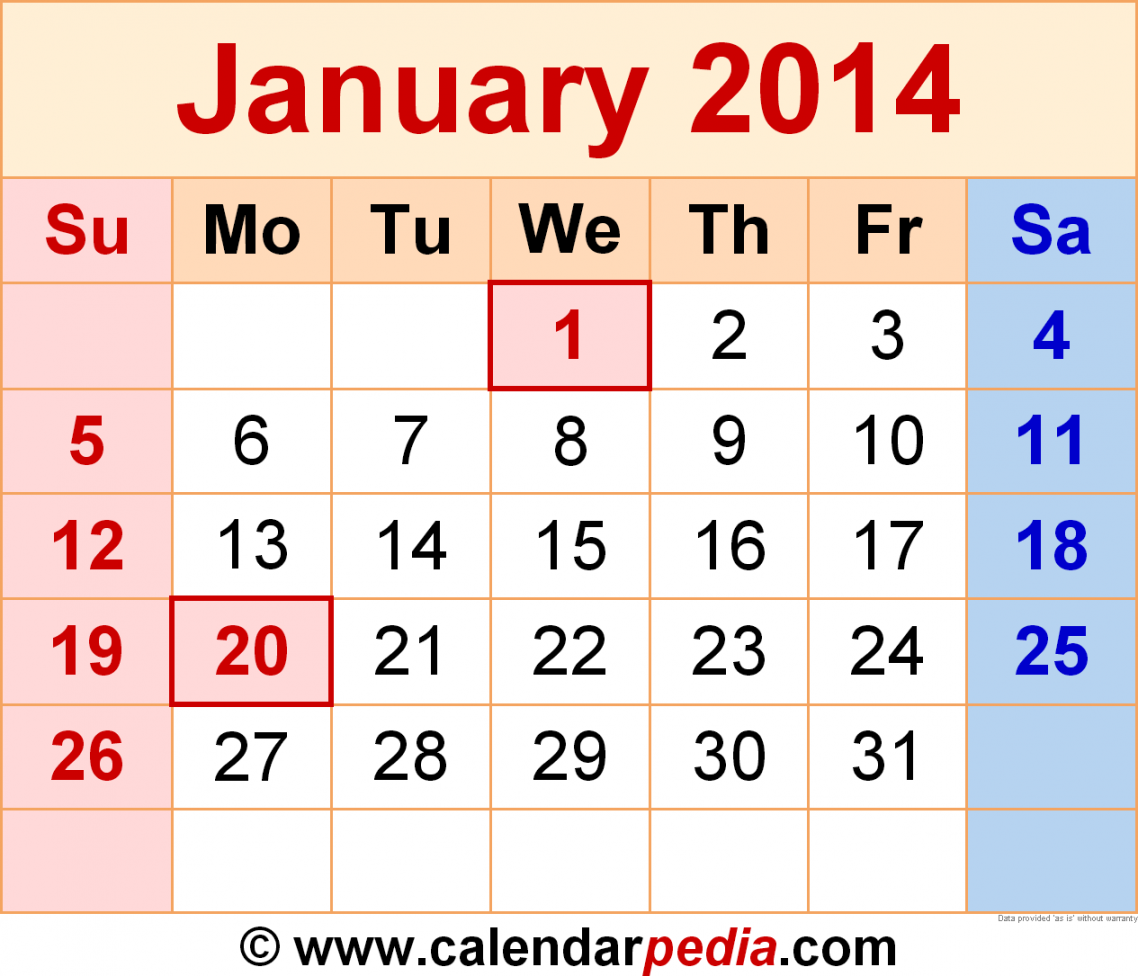 January Calendar Templates for Word, Excel and PDF