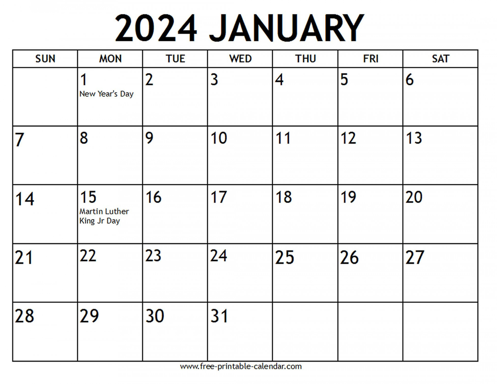 January Calendar US Holidays Free printable calendar