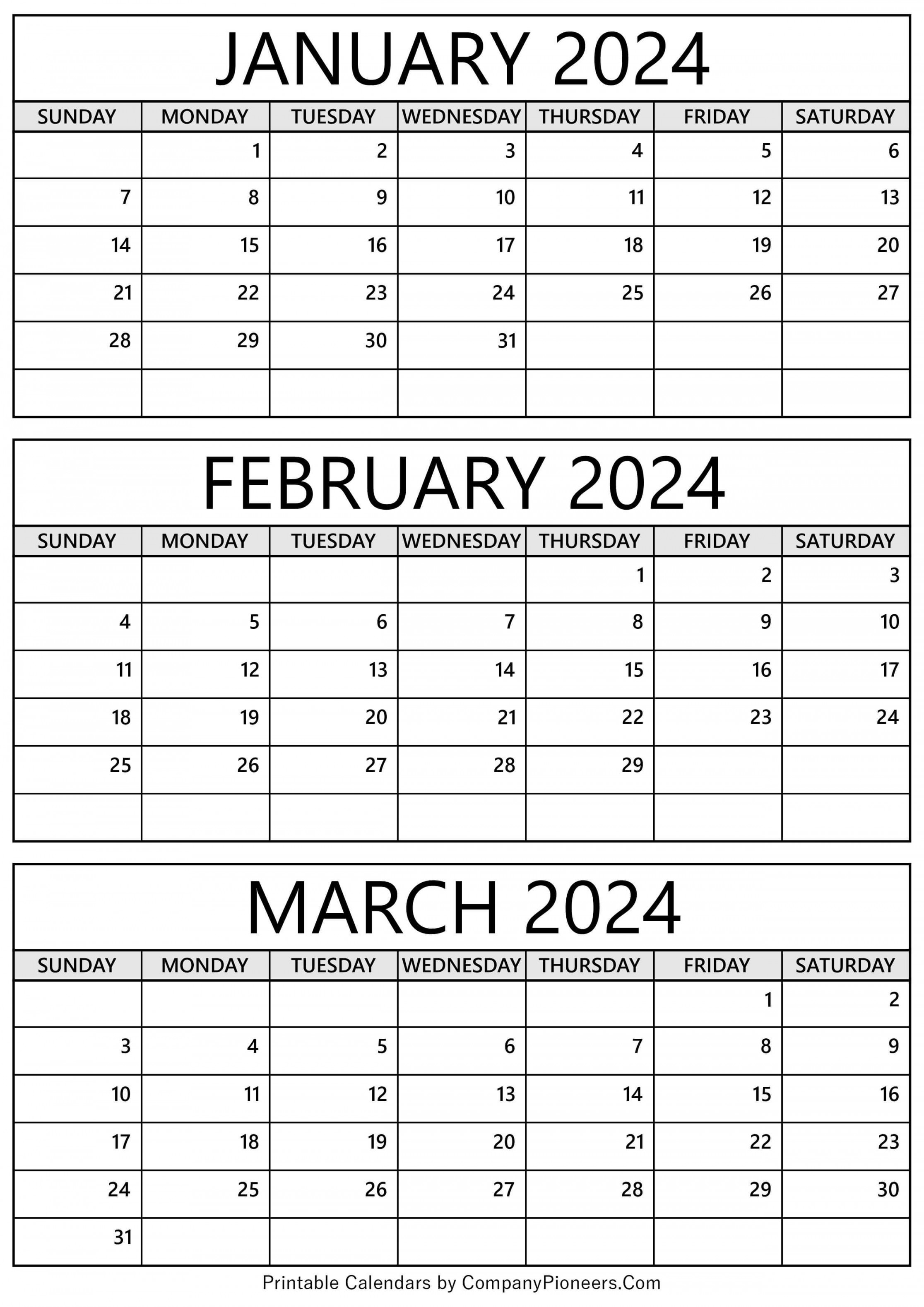 January February March Calendar Printable Template