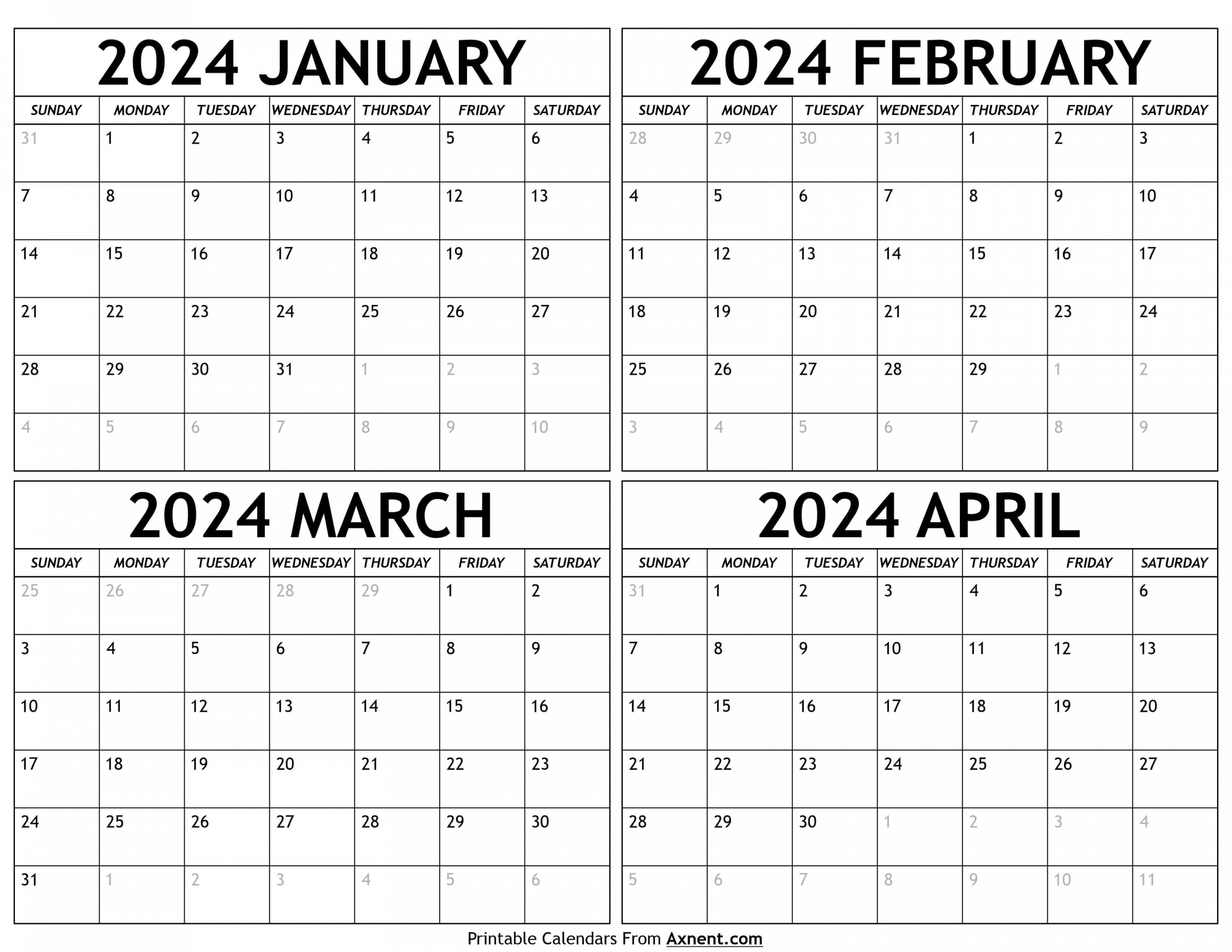 January To April Calendar Templates Four Months
